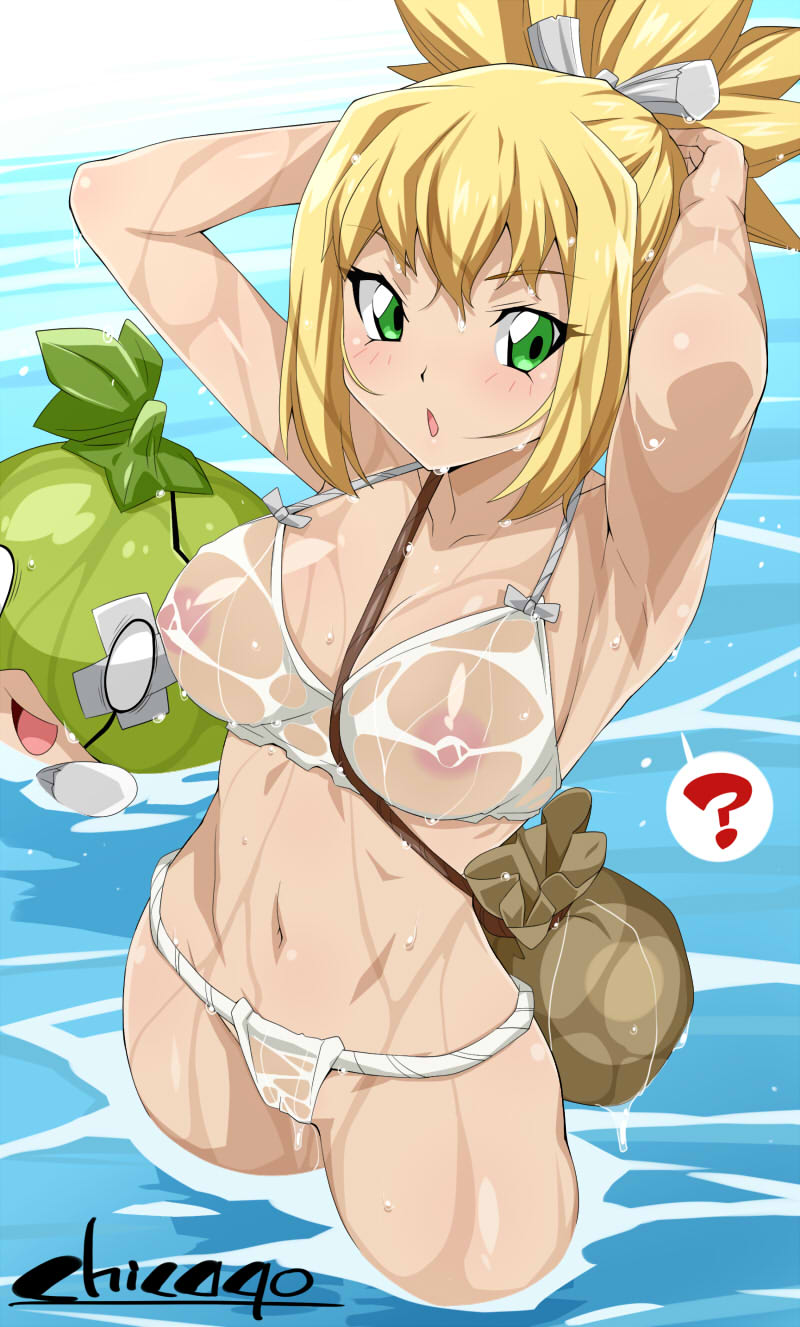 2girls ? alternate_version_available arms_behind_head arms_up blonde_hair breasts chicago-x dr.stone fundoshi high_resolution kohaku_(dr.stone) looking_at_viewer multiple_girls nipples pussy see-through see-through_swimsuit speech_bubble suika_(dr.stone) underwear wafuku wet wet_clothes