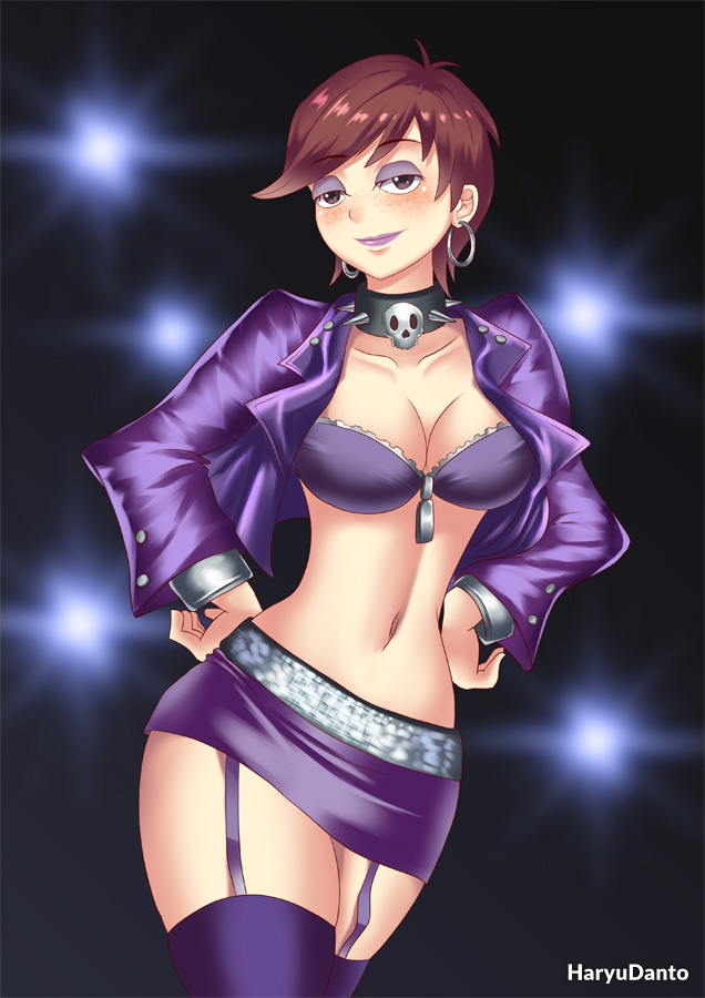 1girls, blush, brown hair, cleavage, collar, collarbone, eyeshadow, female, female only, garter straps, half-closed eyes, haryudanto, jacket, luna loud, microskirt, purple lipstick, revealing clothes, short hair, short skirt, skirt, spiked collar, straight hair, the loud house, thigh highs, thighhighs