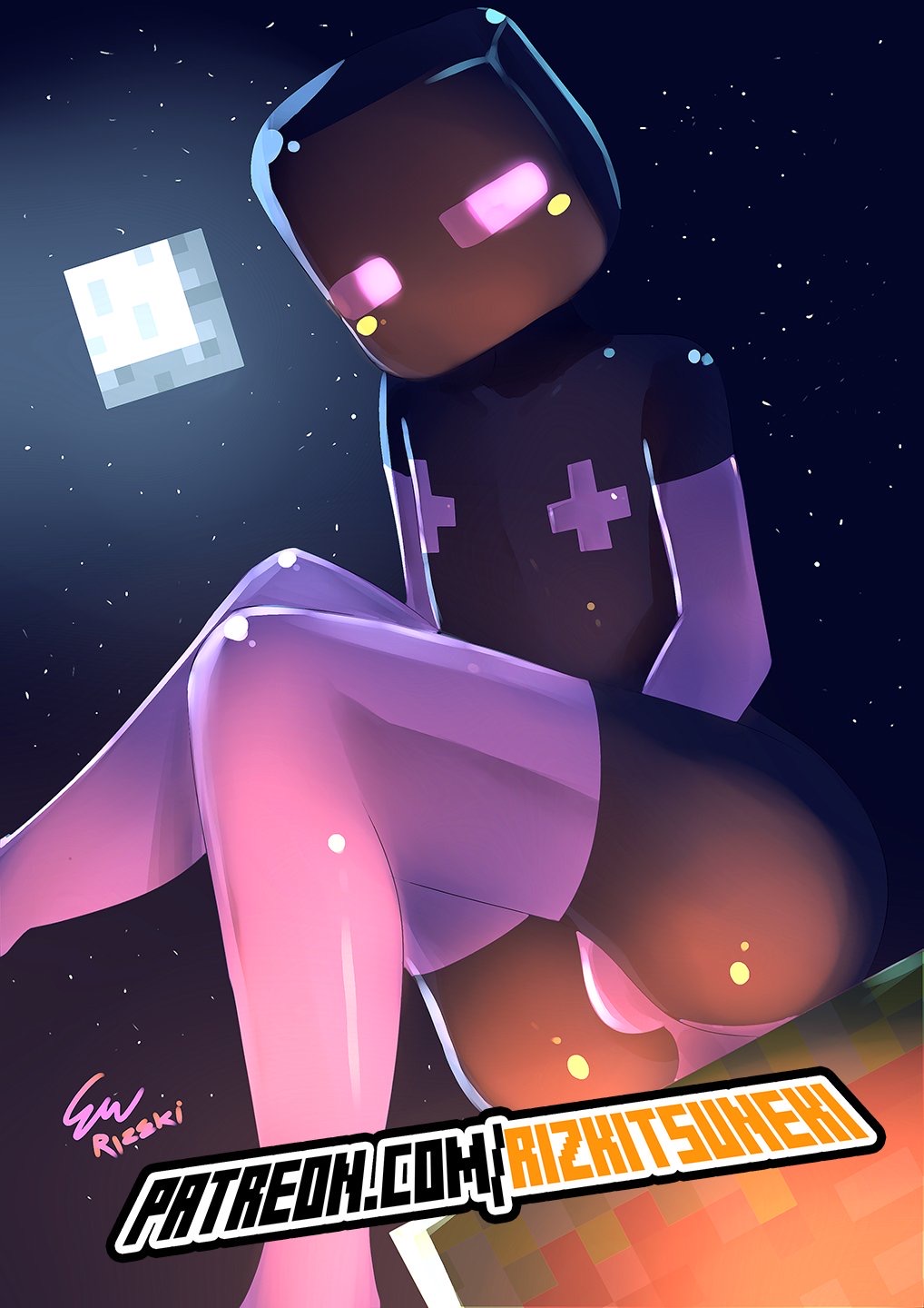 1boy, ass, bulge, dark skin, dark-skinned femboy, dark-skinned male, enderman, femboy, male, male only, miiyauwu, minecraft, night, rizkitsuneki, sitting, solo, thighhighs, trap