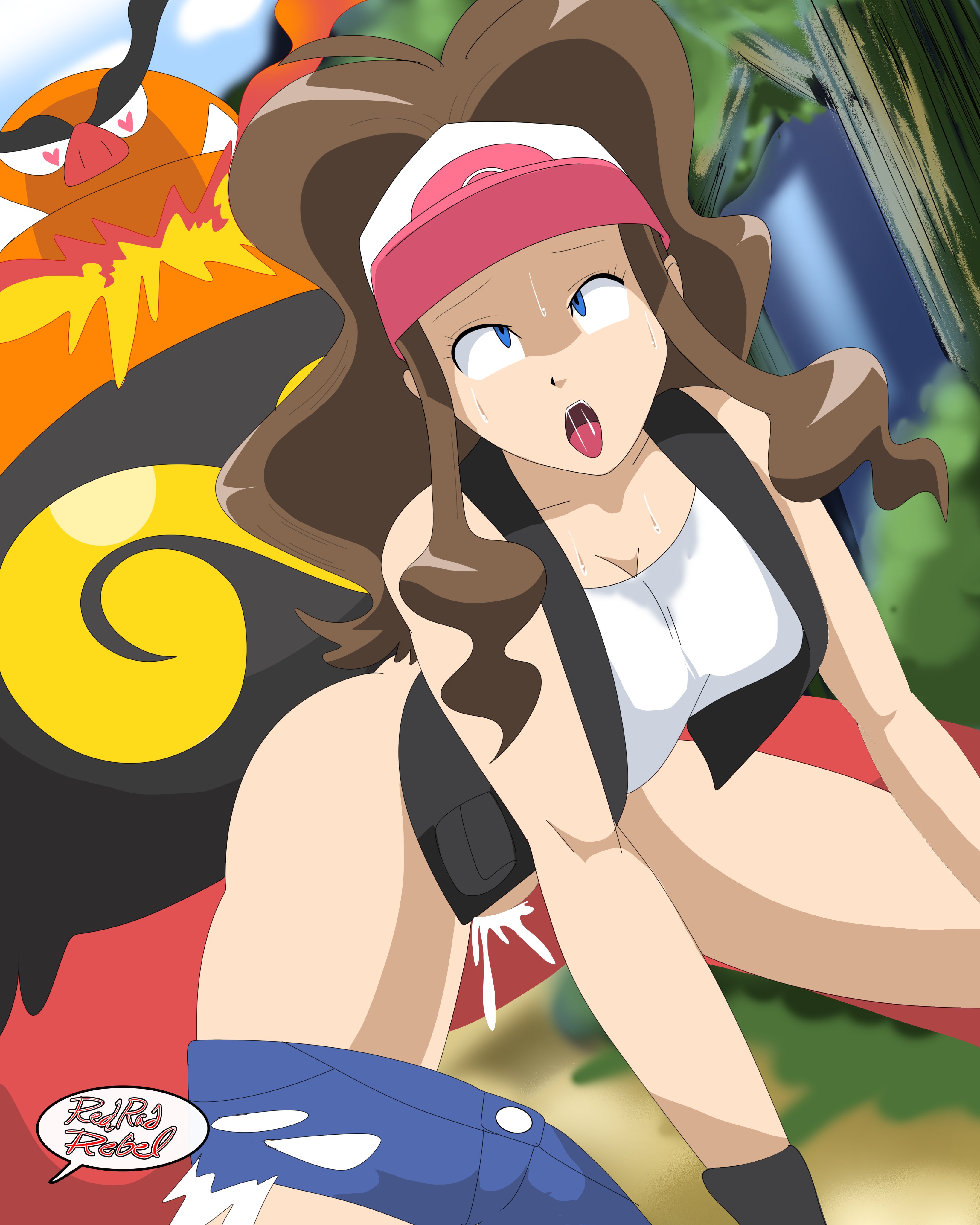 1boy, 1girls, 2019, absurd res, artist name, blue eyes, bottomless, brown hair, chubby, clothed female nude male, cum, cum inside, doggy style, duo, emboar, female, female penetrated, fire, from behind, furry, game freak, hair, heart, heart-shaped pupils, highres, hilda (pokemon), human, human penetrated, interspecies, larger male, male, male penetrating, male penetrating female, male pokemon/female human, male/female, nintendo, open mouth, overweight, penetration, pokemon, pokemon bw, pokephilia, redradrebel, sex, shorts, size difference, smaller female, straight, text, video games, watermark