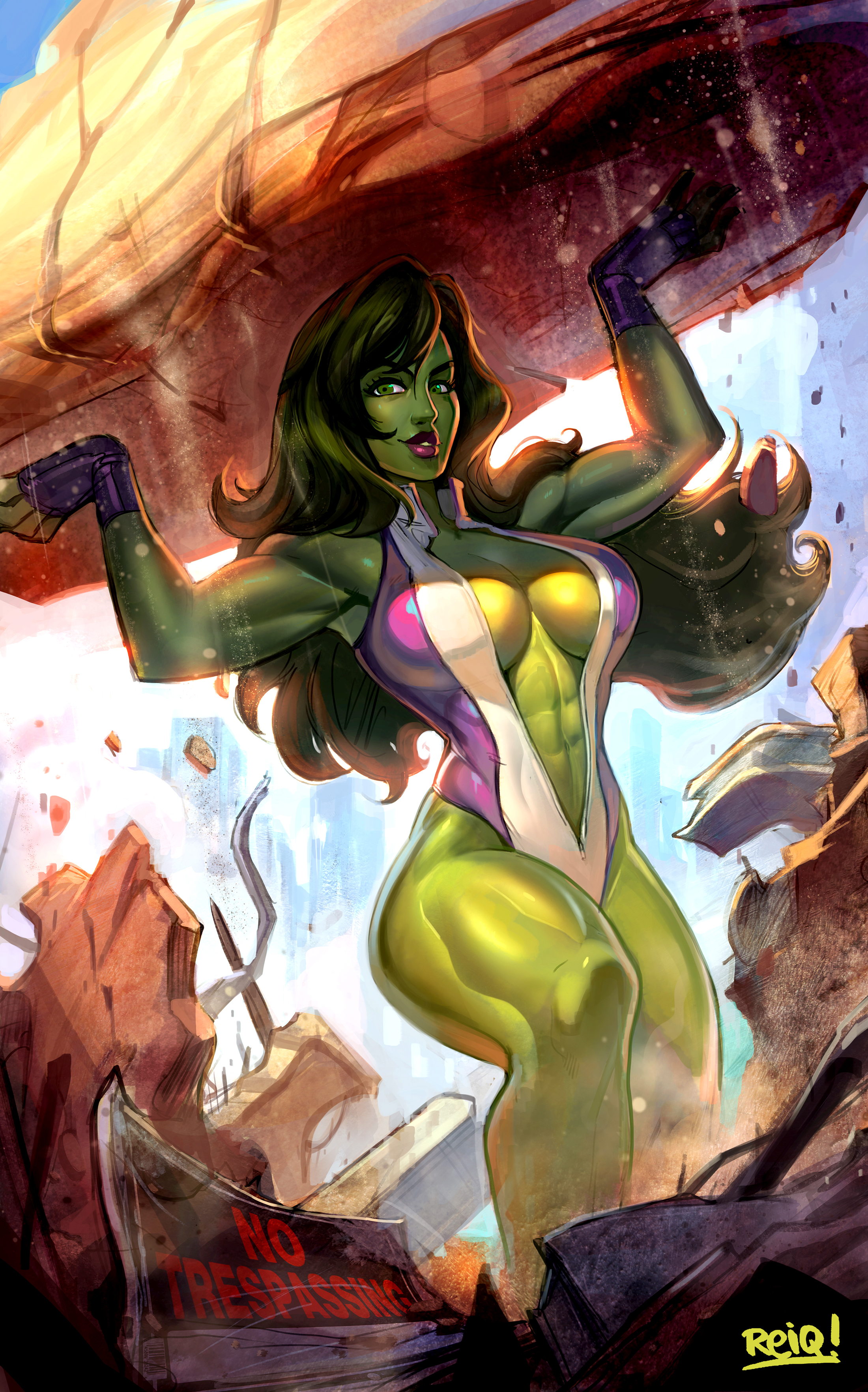1girls, abs, absurdres, avengers, big breasts, breasts, cleavage, female, female only, fingerless gloves, green hair, green skin, highres, huge breasts, hulk (series), large breasts, legs, leotard, long hair, marvel, marvel comics, muscles, muscular, muscular female, purple lipstick, reiq, revealing clothes, she-hulk, skimpy clothes, solo, strong, thick thighs, thighs, unzipped leotard