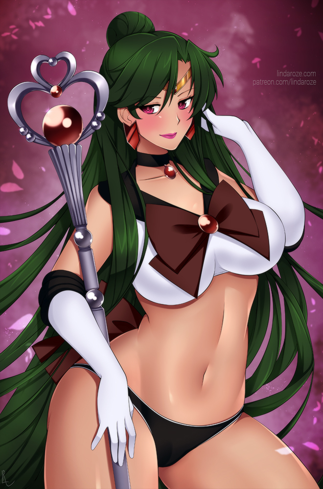 bikini bishoujo_senshi_sailor_moon black_panties choker clothed clothing earrings gloves green_hair hairbun jewelry large_breasts lindaroze lipstick long_hair panties pose red_eyes sailor_collar sailor_pluto setsuna_meiou small_breasts smile solo staff tan_skin thick thick_thighs thighs tiara underwear very_long_hair