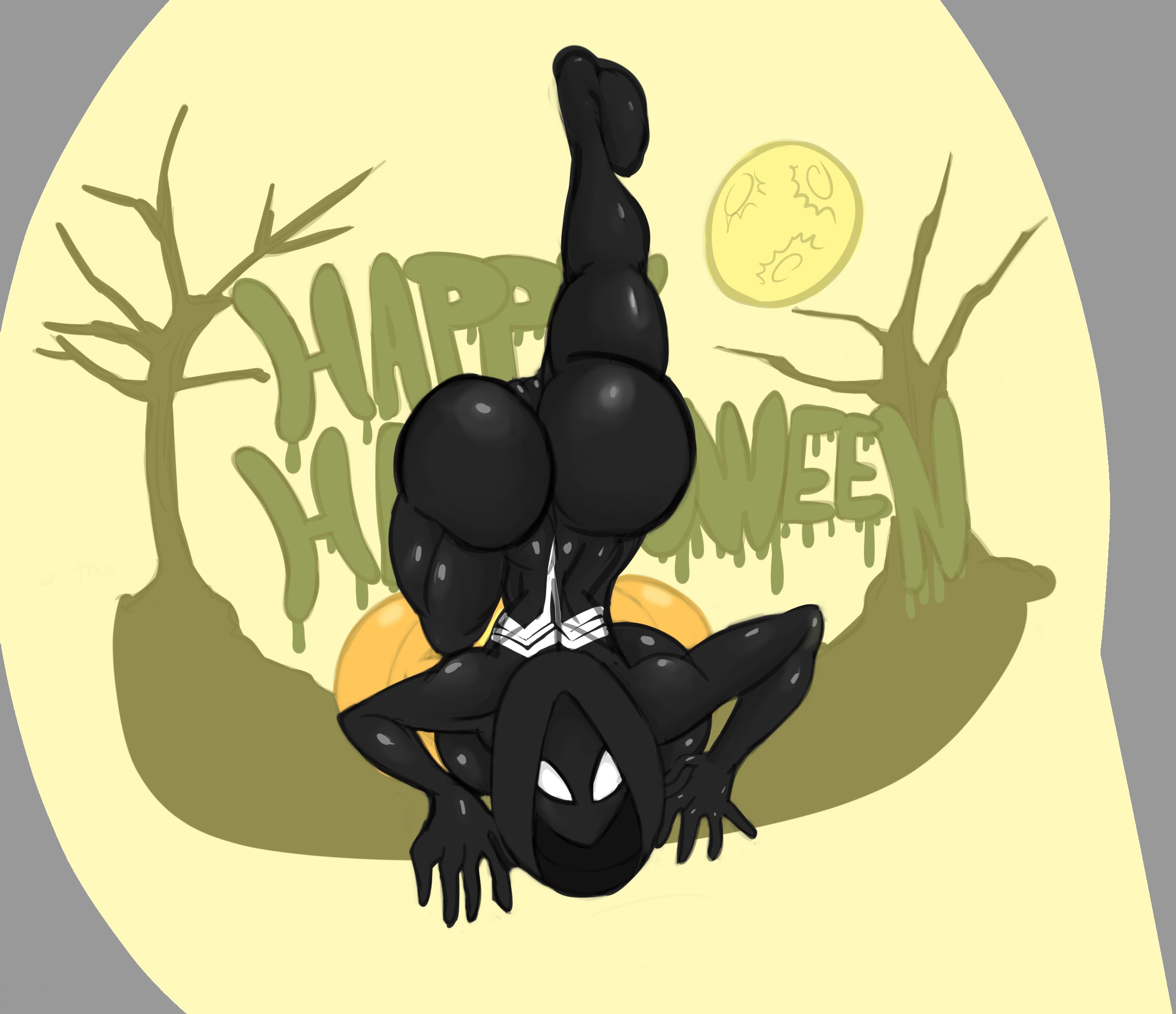 1girls, all fours, alternate breast size, ass, back view, backboob, big ass, big breasts, bodysuit, breasts, curvy, detailed background, english text, female, female only, flexible, gwen stacy, gwenom, halloween, hood, hourglass figure, human, looking at viewer, marvel, marvel comics, mask, masked, masked female, pose, posing, she-venom, shiny, sketch, solo, spider-gwen, spider-man (series), spread legs, spreading, sun1sol, superheroine, symbiote, text, thick thighs, venom, venom (marvel), voluptuous, wide hips