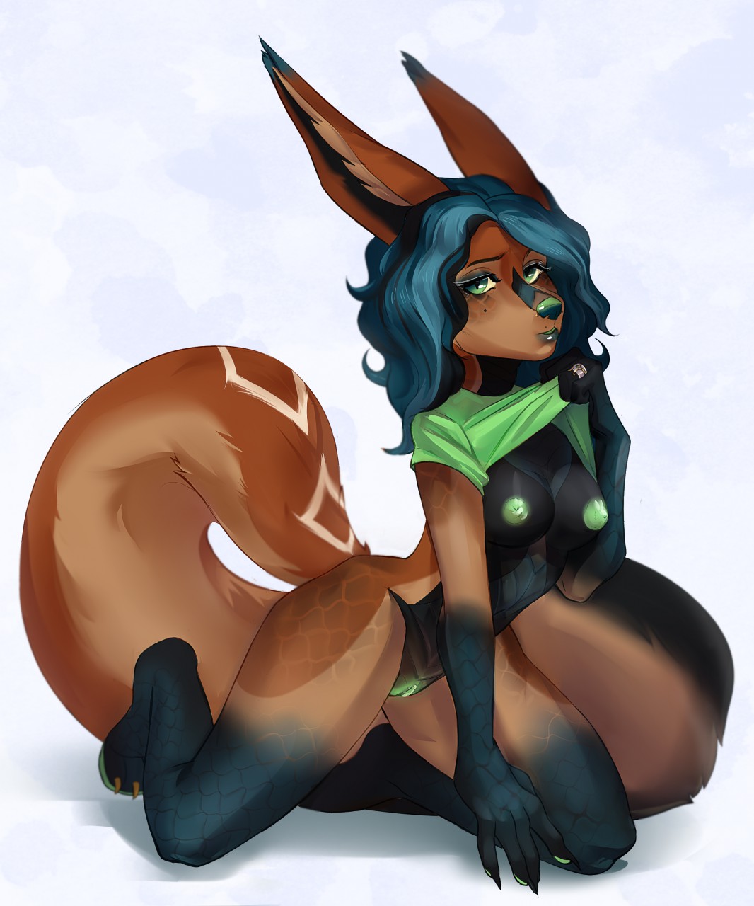 anthro breasts canid canine claws female fox fur green_pussy hair hi_res hybrid lipezkaya mammal nipples pussy scales solo