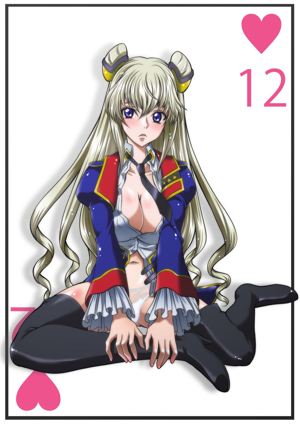 blonde_hair blush boots cleavage code_geass code_geass:_boukoku_no_akito hair_bun hair_ornament leila_(code_geass) leila_malcal long_hair looking_at_viewer medium_breasts military_uniform no_bra panties purple_eyes thigh_boots twin_buns very_long_hair white_panties