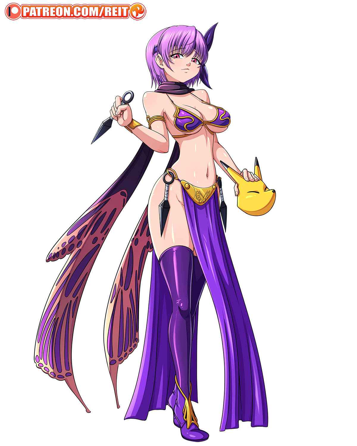 1girls, ayane (doa), big breasts, boots, breasts, cosplay, dead or alive, dead or alive 5, female, female only, headband, keaton mask, kunai, legwear, looking at viewer, metal bikini, navel, ocarina of time, outfit, patreon, pelvic curtain, pink eyes, purple hair, purple legwear, reit, scarf, short hair, slave bikini, slave leia (cosplay), slim waist, solo, star wars, the legend of zelda, thighhighs, weapon