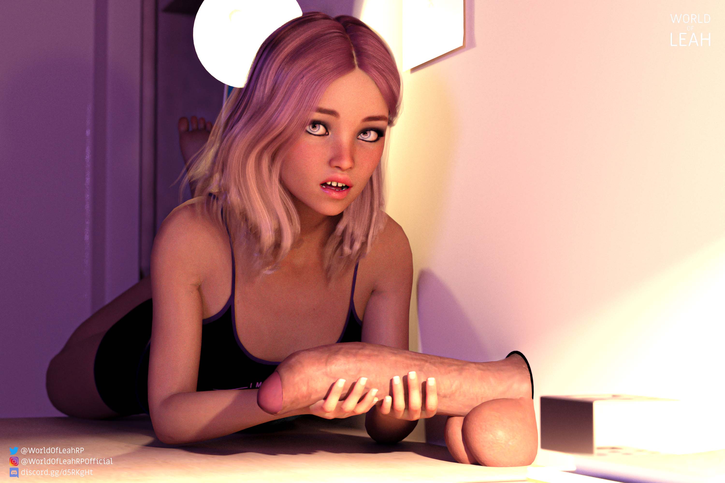 1boy, 1girls, 3d, 3d (artwork), balls, big penis, clothed female nude male, college, curious, cute, daz studio, daz3d, female, gamer girl, glory hole, holding penis, huge balls, huge cock, kendall greene, male, original, original character, penis, pink hair, playful, purple eyes, size queen, teenager, worldofleah