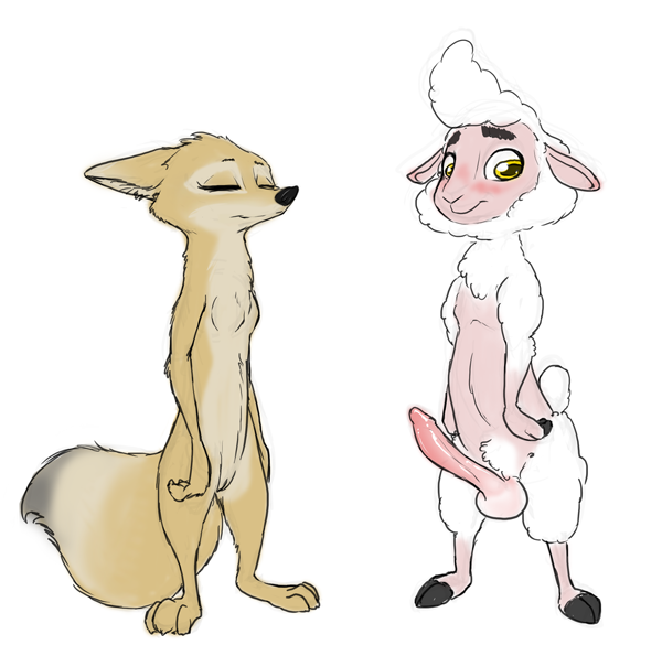 anthro balls black_nose blush bovid breasts canid canine caprine charlie_(weaver) chest_tuft closed_eyes corsac_fox crotch_tuft dipstick_tail disney duo ears_back erection featureless_breasts female flat_chest fluffy fluffy_tail fox fur head_tuft looking_at_viewer male mammal multicolored_tail pack_street penis pivoted_ears pussy remmy_cormo robcivecat sheep simple_background standing tan_body tan_fur tuft white_background white_body white_fur white_wool wool_(fur) zootopia