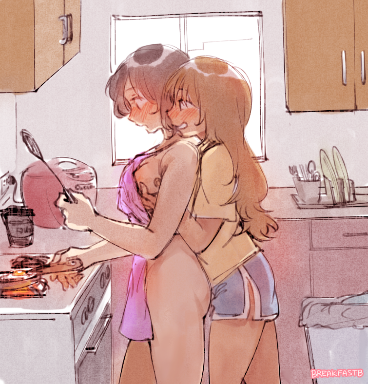 2girls black_hair blush breakfast breakfastb brown_hair cooking female female_only groping groping_from_behind multiple_girls naked_apron tagme yuri