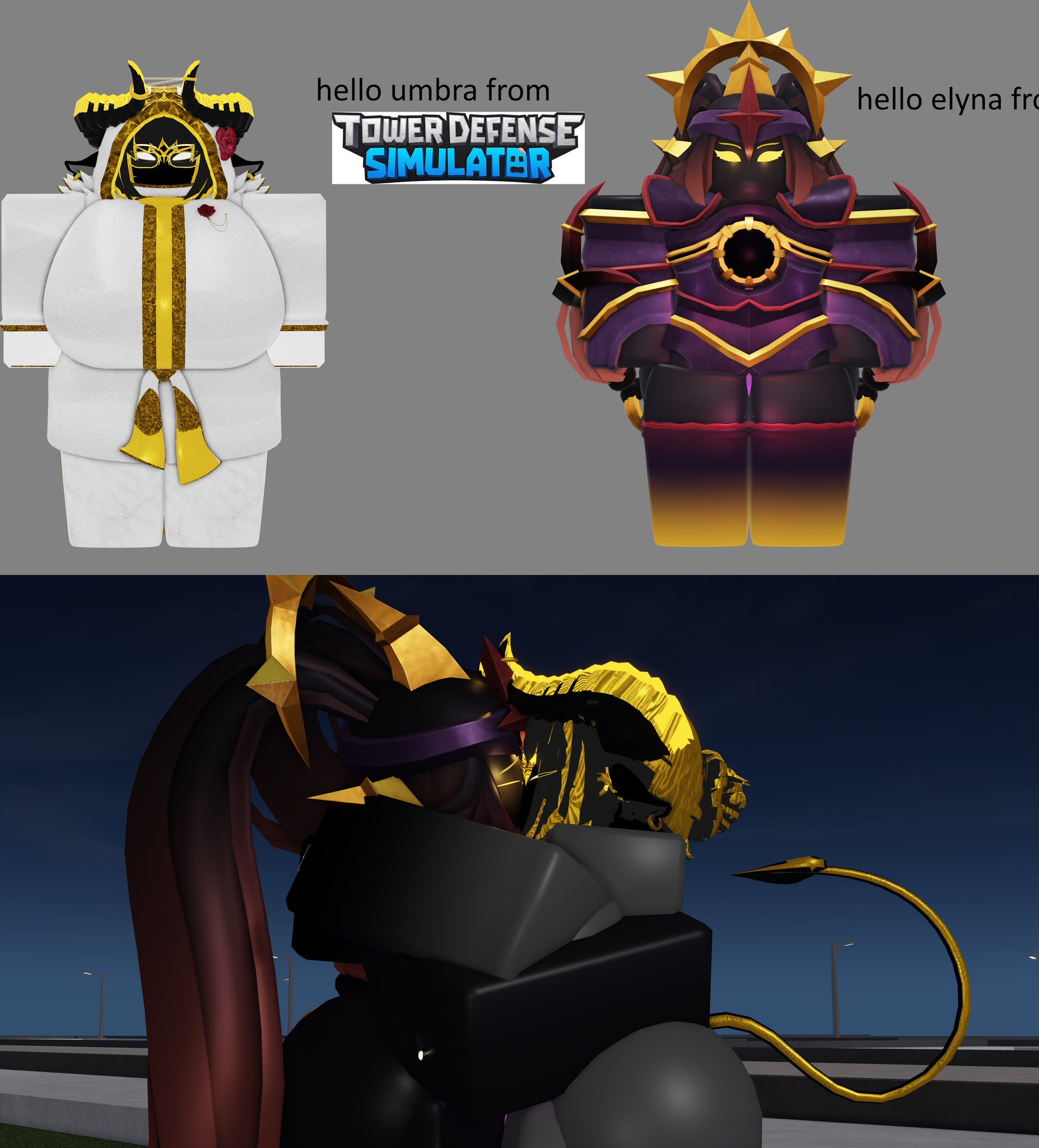 2026, 2girls, 3d, ass, breasts, brown hair, closed eyes, demon, demon horns, demon tail, dialogue, elyna (lampshaderr34), english text, female, female focus, female only, girls kissing, glasses, huge breasts, hugging, hugging another, kissing, lampshaderr34, meme, naked, naked female, nude, nude female, original character, roblox, roblox game, robloxian, shitpost, text, the umbra, thighs, tower defense simulator, voluptuous, yellow eyes, yuri