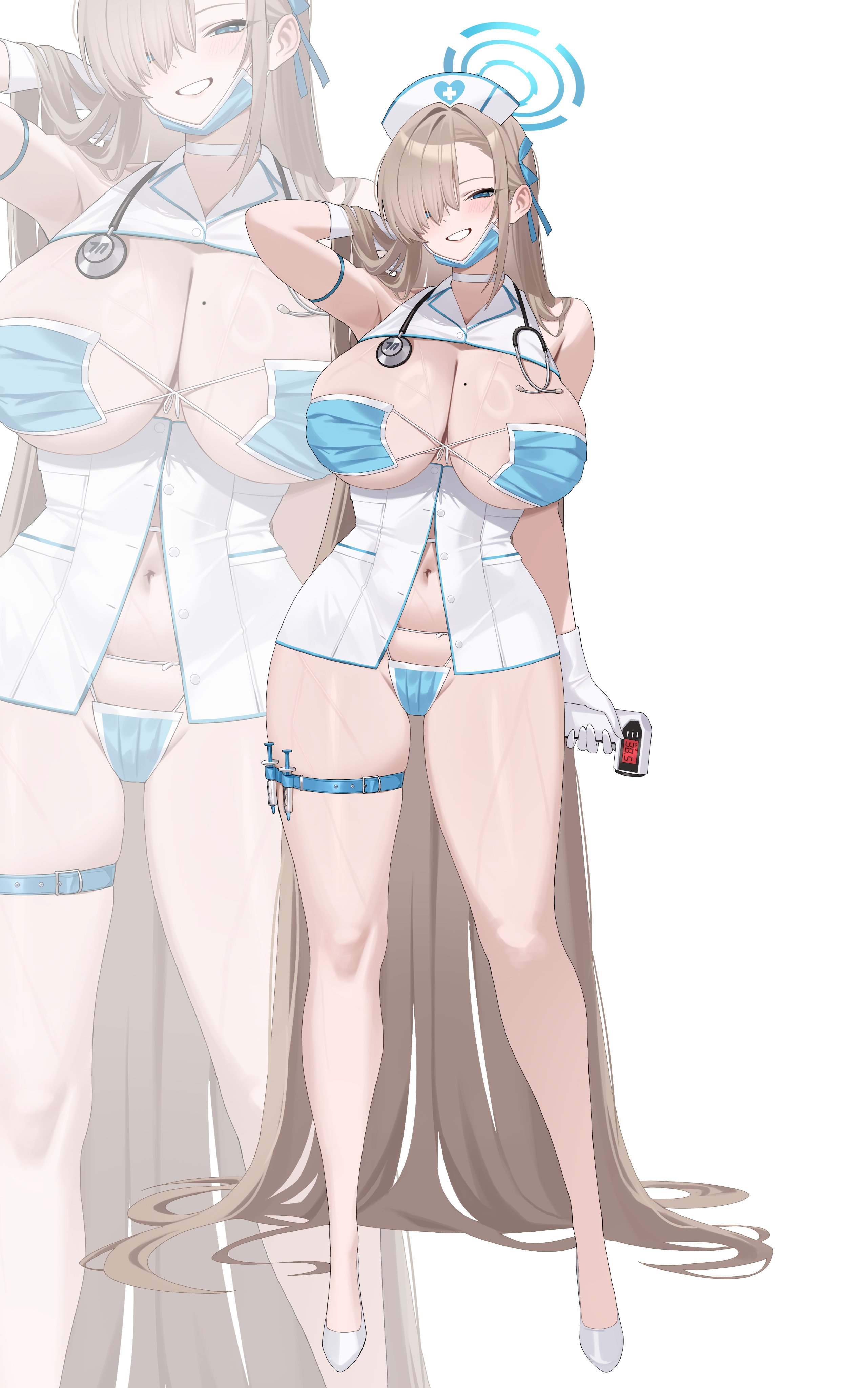 1girl, absurdres, alternate costume, asuna (blue archive), bikini, blonde hair, blue archive, blue eyes, blue halo, breasts, cleaning & clearing (blue archive), cleavage, ddog, eyepatch bikini, female, female only, full body, gloves, grin, hair over one eye, halo, hat, highres, holding object, huge breasts, light skin, light-skinned female, long hair, mask, mask bikini, mask pull, millennium science school student, mole, mole on breast, mouth mask, navel, nurse, nurse cap, smile, solo, standing, stethoscope around neck, strapless, strapless bikini, surgical mask, swimsuit, temperature scanner, thigh strap, very long hair, white gloves, white hat, zoom layer