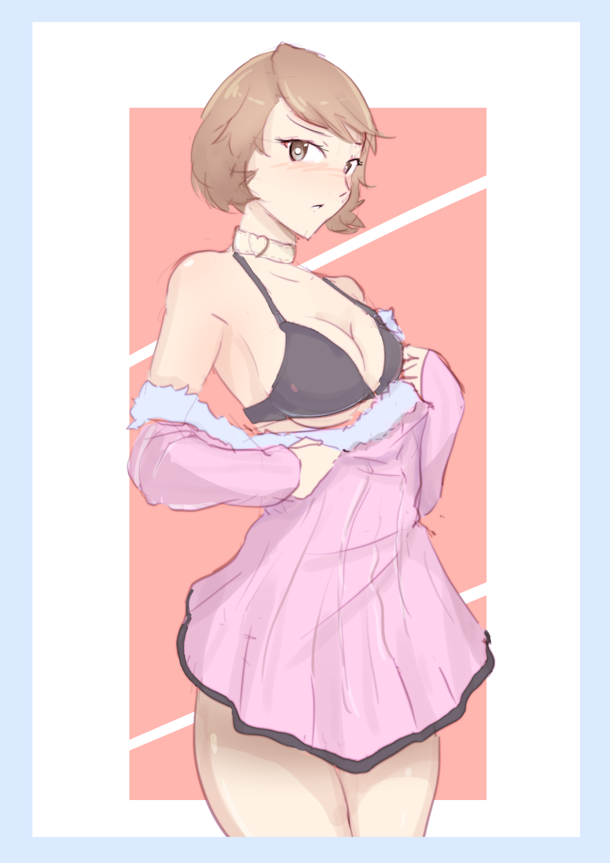 1girls, 9 9bird, atlus, bar, big breasts, blush, bra, breasts, brown eyes, brown hair, choker, cleavage, embarrassed, female, female only, kkyz13, megami tensei, persona, persona 3, short hair, solo, standing, underwear, undressing, yukari takeba