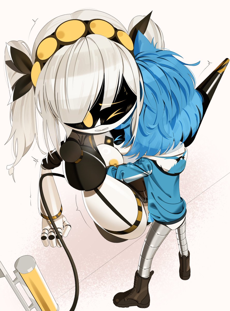 1boy, 1boy1girl, 1girls, blue eyes, blue hair, blushing female, boobs, breasts, female focus, grey hair, j (murder drones), monsterdude15, murder drones, oc, robot sex, sex, straight sex, sweater, thick thighs, thighs, vaginal penetration, vaginal sex, white background