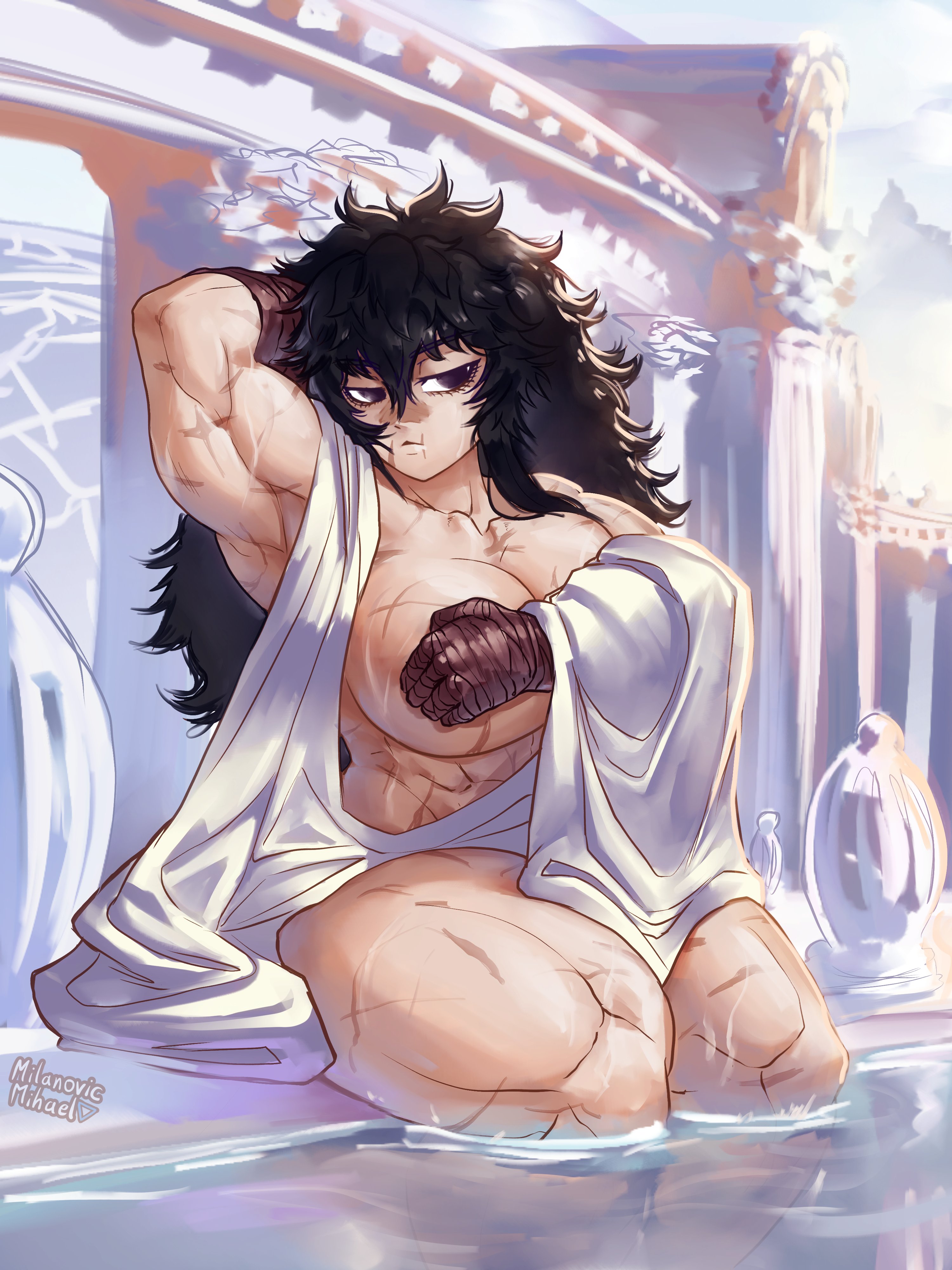 1girls, absurd res, bandage, bandaged arm, bandages, big breasts, black eyes, black hair, covering breasts, detailed background, female, female only, hand behind head, legs in water, long hair, looking at viewer, milanovicmihael, muscular, muscular female, narrowed eyes, nude, nude female, public, public bath, ramia (ramia-yana), ramia-yana, scars, scars all over, sitting, solo, thick thighs, towel, towel only, water