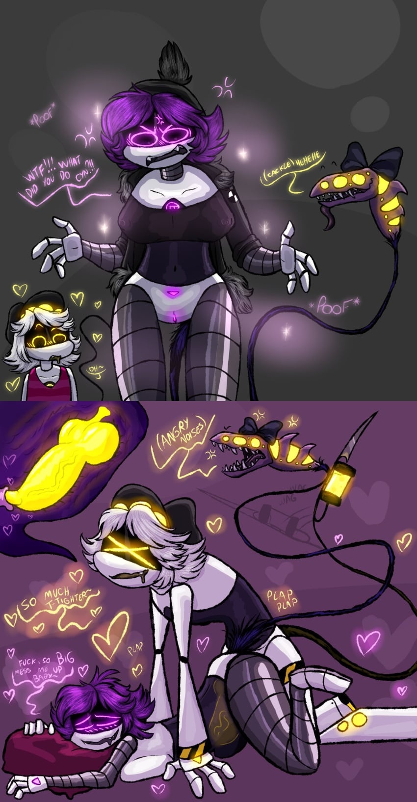 1boy, 1girls, 2d, belly bulge, cum, cum inside, doggy style, english text, female, female penetrated, humanoid, humanoid female, humanoid male, knot, knotted, knotting, male, male penetrating, male penetrating female, murder drones, n (murder drones), penetration, robot, robot boy, robot girl, robot humanoid, sansesdusty, screen face, sex, straight, stuck knot, tail, text, uzi (murder drones)