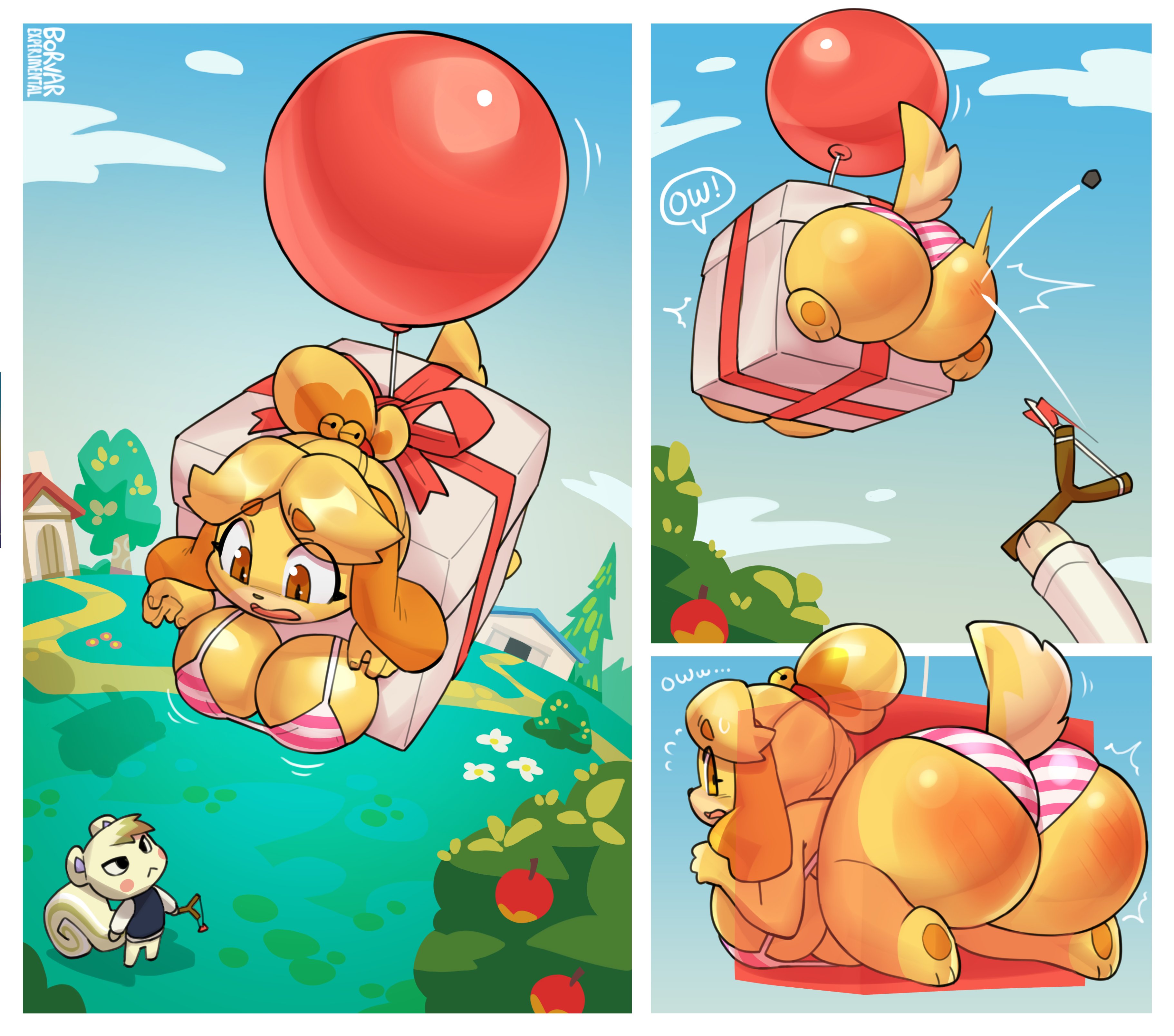 animal crossing, balloon, big ass, big breasts, bikini, bikini bottom, bikini top, bondage, borvar, bullying, floating, gift, gift box, gift wrapped, isabelle (animal crossing), marshal (animal crossing), present, public humiliation, red ass, stuck in box, stuck in object, swimsuit