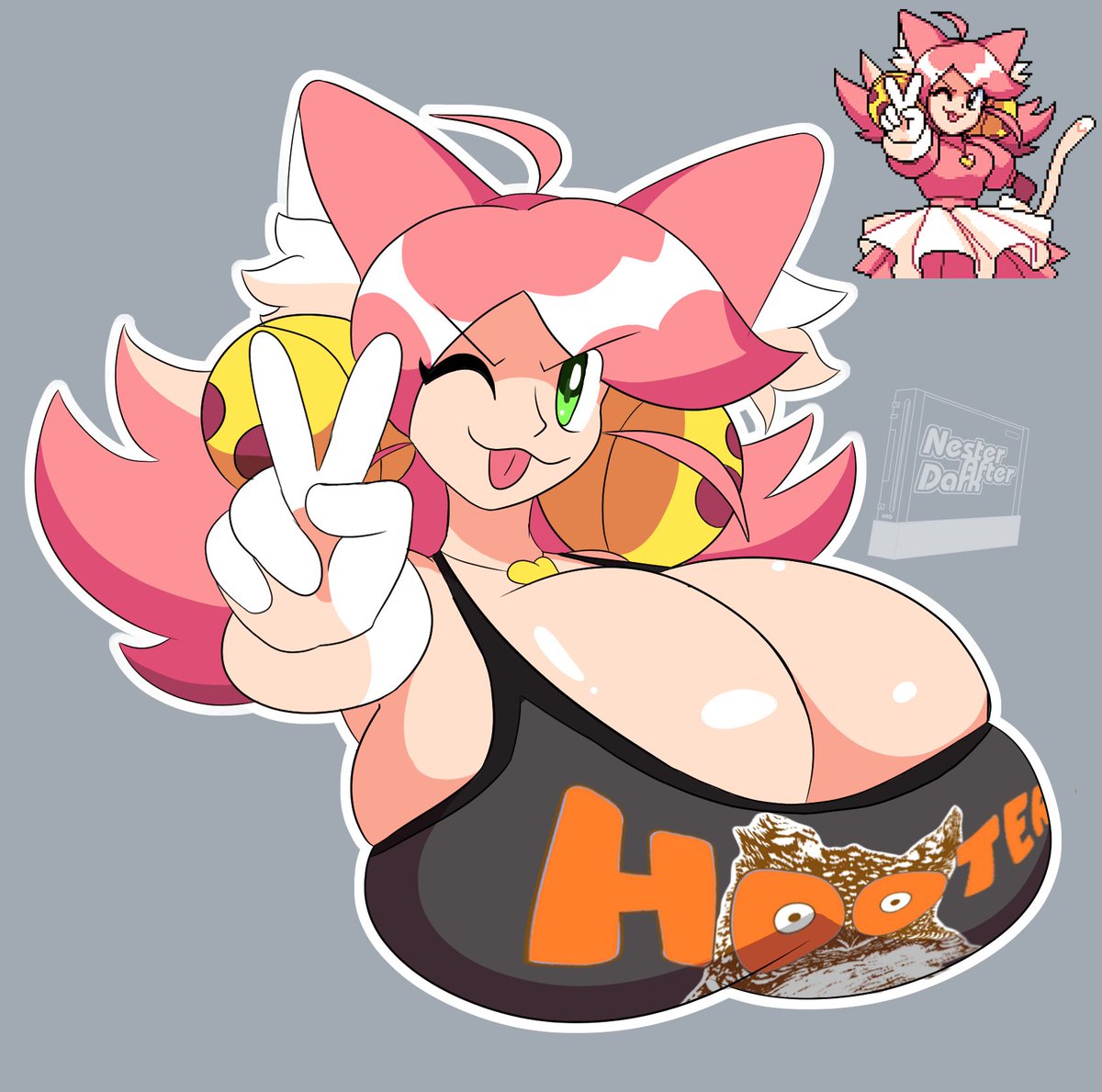 1girls, big breasts, breasts, breasts bigger than head, busty, curvy, cute, deltarune, female, female focus, female only, gloves, green eyes, hooters, hooters uniform, huge breasts, large breasts, light skin, light-skinned female, long hair, mad mew mew, massive breasts, mew mew (undertale), nesterscrush, pink (deltarune), pink hair, solo, solo female, solo focus, tagme (artist), tongue, tongue out, topwear, v sign, voluptuous, wink