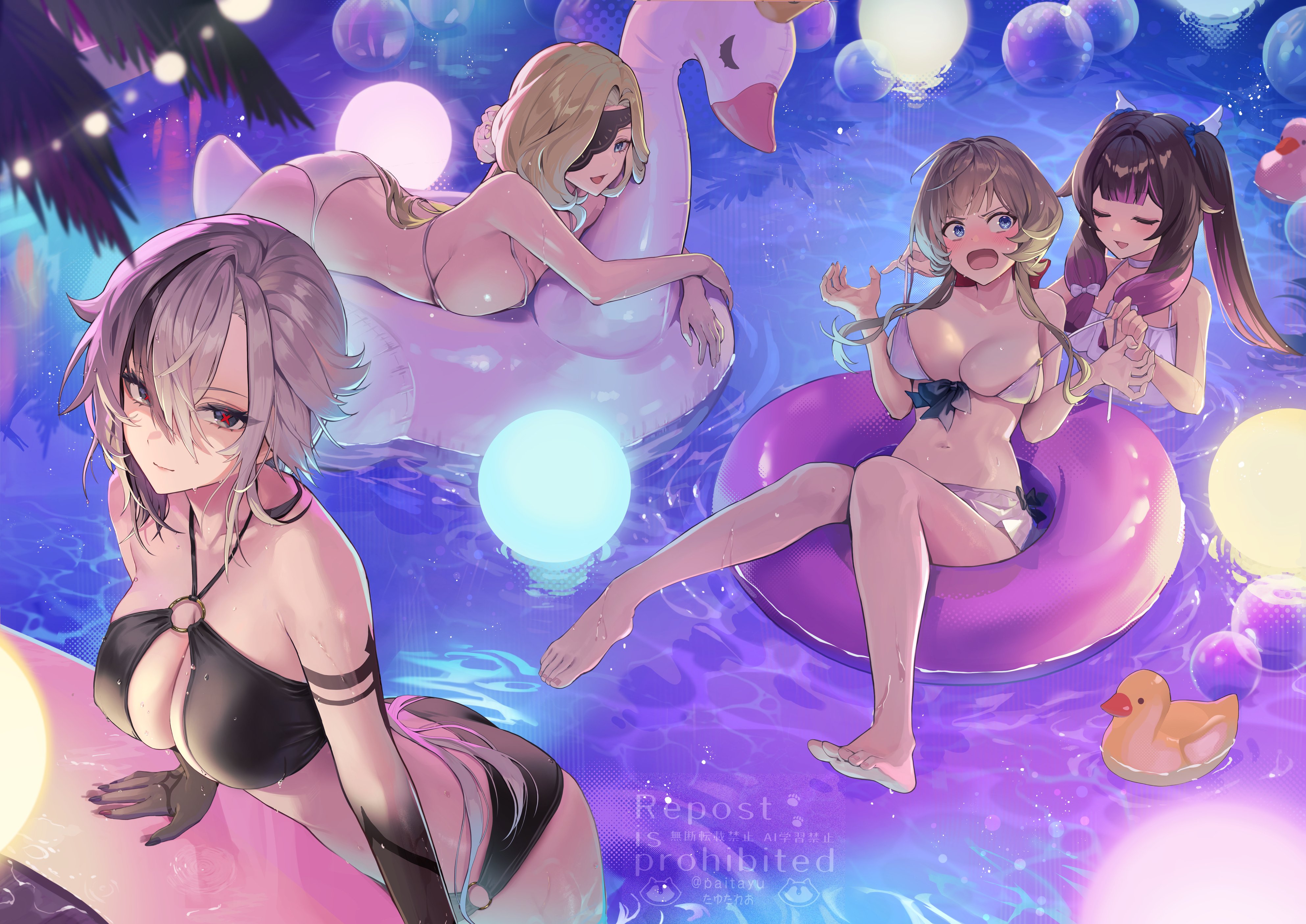 4girls, absurdres, angel wings, arlecchino (genshin impact), ass, beautiful, belly, belly button, big ass, big breasts, bikini, black hair, black swimsuit, blonde female, blonde hair, blue eyes, blunt bangs, blush, blushing, bra, breast press, breasts, brown hair, bubble, bubble butt, buoy, collar, collarbone, colorful, colorful background, columbina (genshin impact), crossed arms, duck, embarrassed, eyepatch, eyes closed, female, female focus, female only, floatie, from behind, genshin impact, hair intakes, hair ornament, highly detailed, highres, hips, hips wider than shoulders, huge ass, huge breasts, inner sideboob, lights, long hair, lying, lying on stomach, medium breasts, mouth open, navel, paitayu, palm tree, panties, pink hair, ponytail, pool, red eyes, ribbon, sandrone (genshin impact), sideboob, signora (genshin impact), skindentation, swimming pool, swimsuit, symbol-shaped pupils, teasing, thick thighs, thighs, twintails, two-tone hair, water, wet, white hair, white swimsuit, yuri