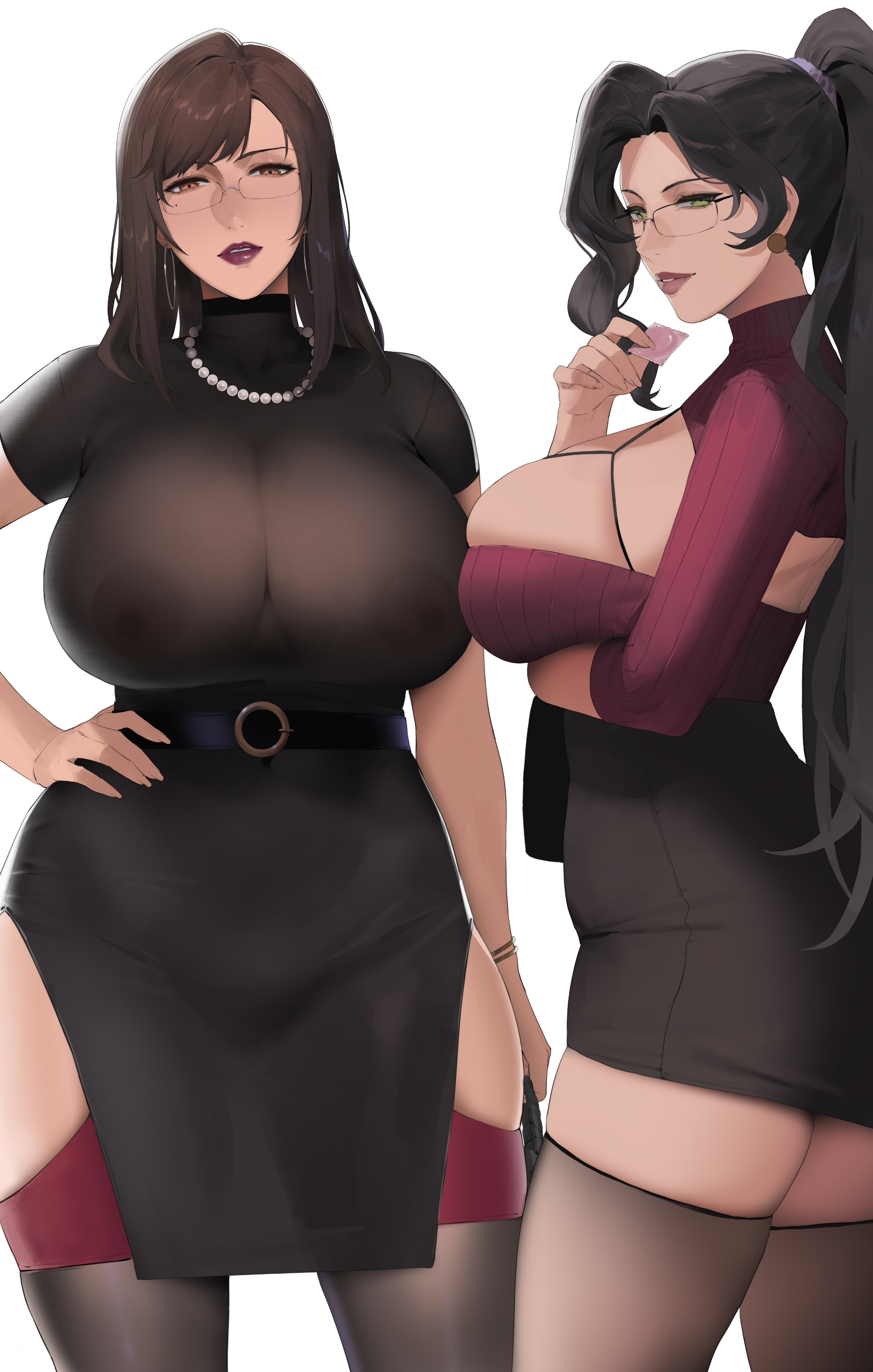 2girls, aliosarvin, big breasts, black hair, breasts, brown eyes, brown hair, curvy, female, female only, gigantic breasts, glasses, green eyes, hand on hip, huge breasts, lipstick, long hair, looking at viewer, mature, milf, mommy, nipples, smile, thick, thick thighs, thighs, very long hair, wide hips, wife material