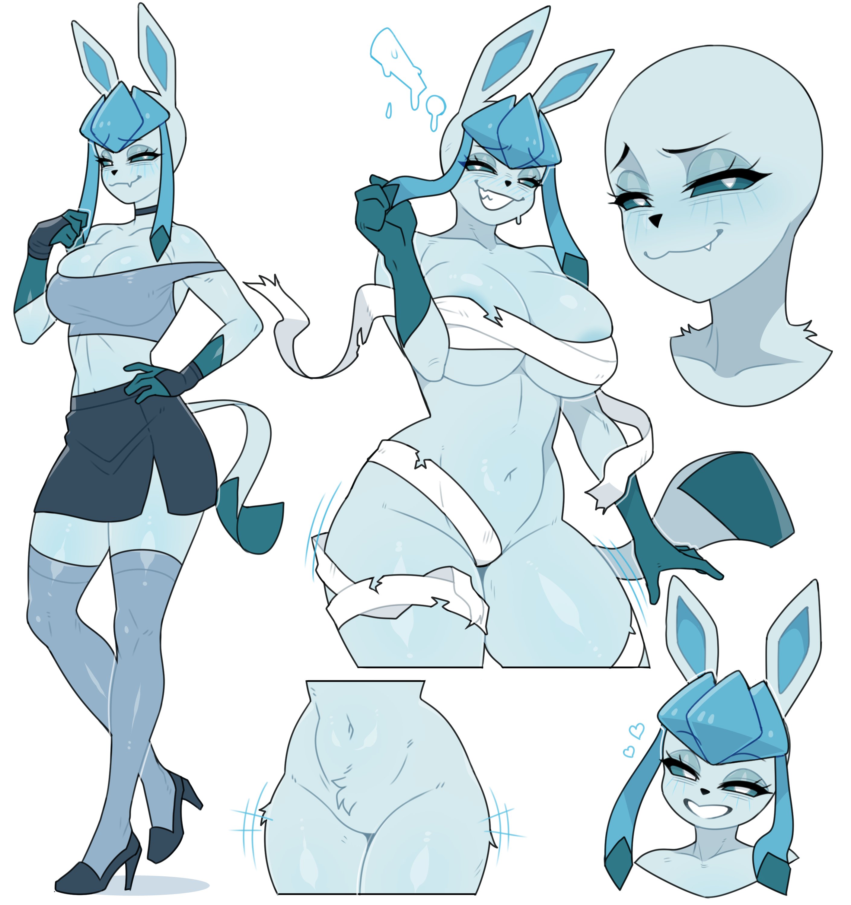 1girl, 1girls, 2026, 2d, 2d (artwork), anthro, anthro only, ass, bald, bald female, big ass, big boobs, big booty, big breasts, big butt, big thighs, blue body, blue eyes, blue skin, blushing, blushing at viewer, bondage, bondage outfit, boobs, booty, bra, bra strap, bra strap slip, breasts, clothed, clothing, collar, completely naked, completely naked female, completely nude, completely nude female, cute, digital drawing (artwork), digital media (artwork), eeveelution, eyebrows, eyelashes, eyeshadow, face focus, female, female only, female pokemon, full body, furry, furry female, furry only, game freak, generation 4 pokemon, glaceon, gloves, half-closed eyes, hand on head, hand on hip, heart, heart symbol, hearts, hearts around head, hi res, highres, kneeling, legwear, looking at viewer, looking back, nintendo, nipples, nipples covered, no nipples, nude, plankzu, pokemon, pokemon (species), sexy, simple background, sitting, solo, solo female, solo focus, speech bubble, sweat, sweatdrop, sweating, swimsuit, tail, thicc, thicc thighs, thick, thick thighs, thighs, tongue, tongue out, white background