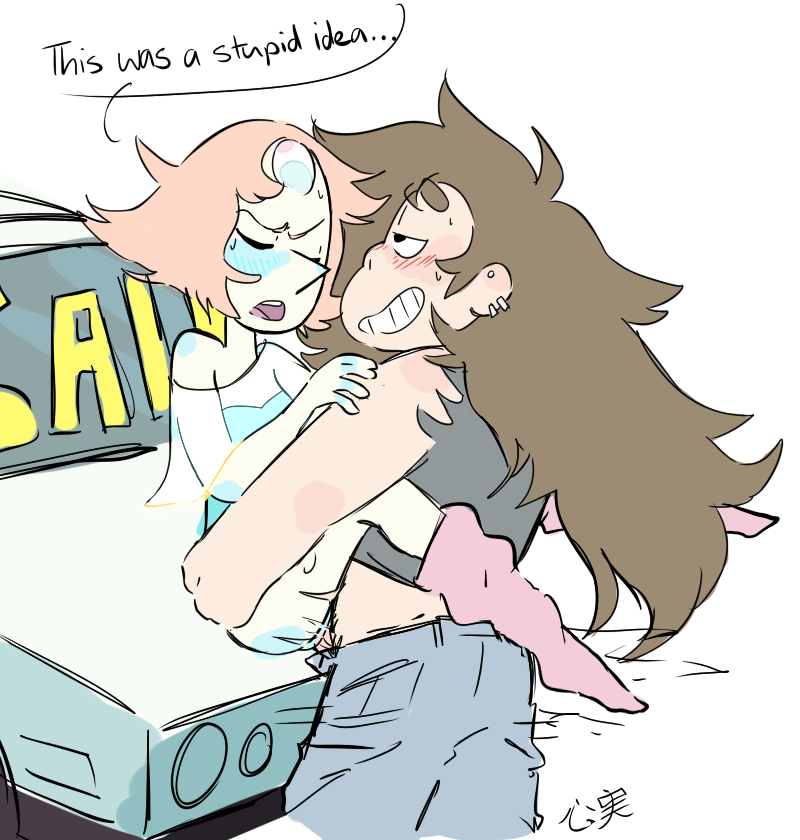 1boy, 1girls, alien, alien girl, alien/human, angry, annoyed, blush, brown hair, car, cartoon network, earrings, english, english text, female, gem (species), greg universe, greg universe (young), hair, human, interspecies, long hair, looking pleasured, male, male penetrating, male/female, molchuuniya, no panties, no underwear, pants, pants down, pearl (steven universe), sex, smile, speech bubble, steven universe, straight, sweat, text, upset