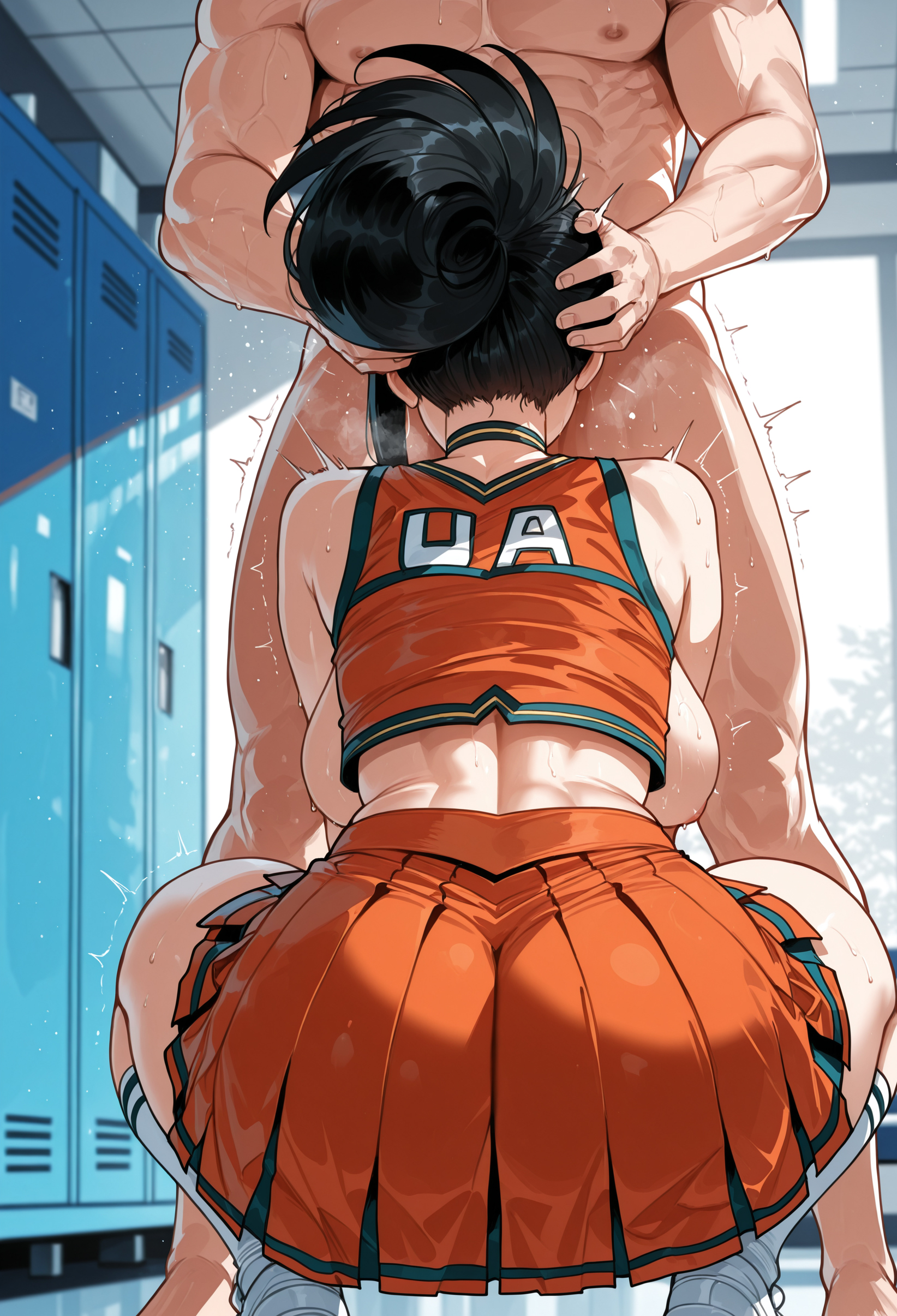 1boy, 1girl, abs, ai assisted, ai generated, ass, back, backboob, bent over, black hair, boku no hero academia, breasts, choker, clothed female nude male, curvaceous, curvy, curvy female, curvy figure, face fucking, facing away, fellatio, female, from behind, hetero, locker, locker room, manly, miyuai, momo yaoyorozu, multiple boys, muscle, my hero academia, nude, orange shirt, orange skirt, sex from behind, short hair, skirt, solo focus, sportswear, sweat, thick, thick ass, thick butt, thick hips, thick legs, thick thighs, underwear, voluptuous, voluptuous female, wide hips, wide thighs