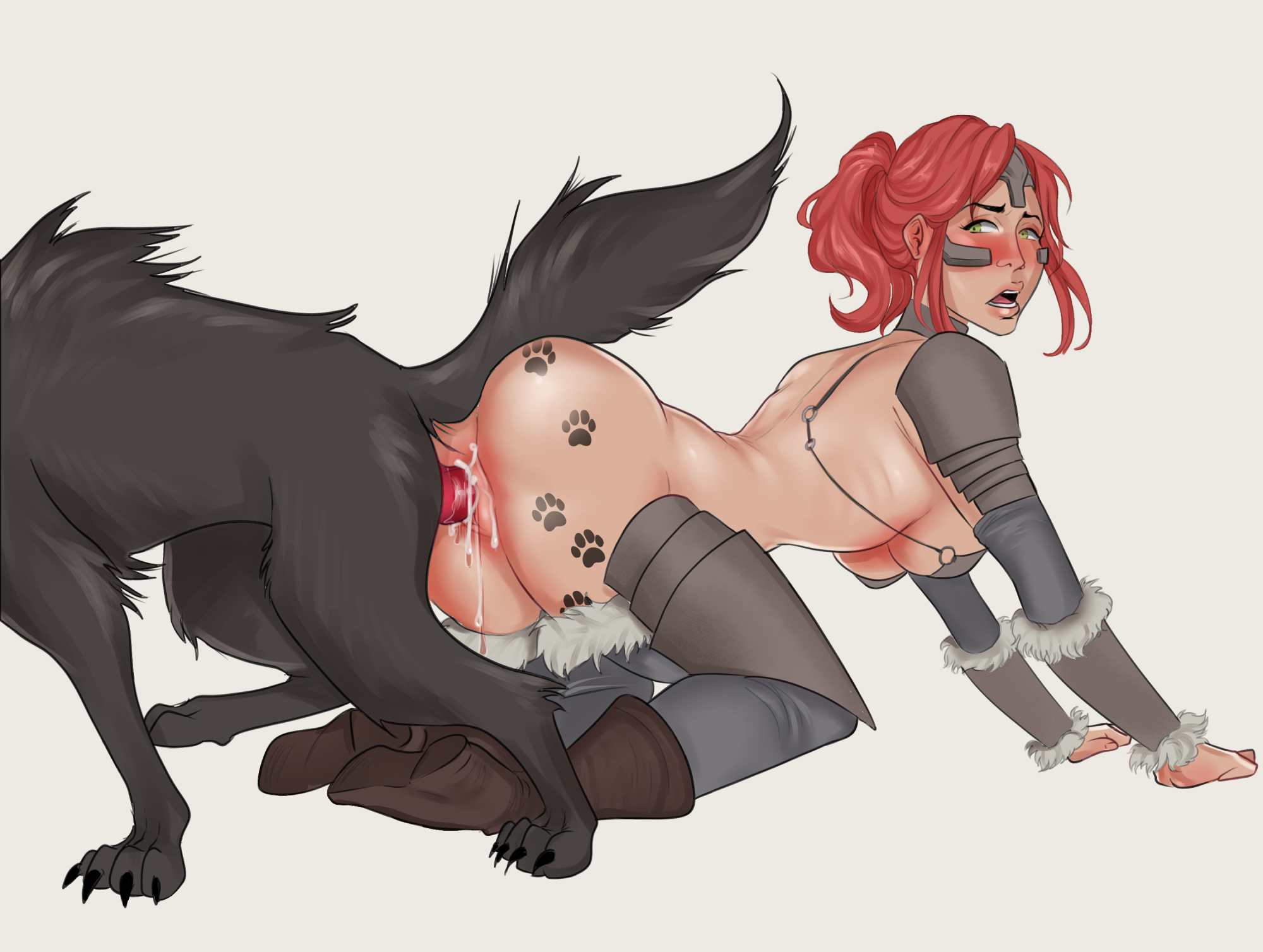 1girls, 2d, arm guards, armor, ass, ass to ass, bestiality tattoo, bikini armor, blush, boots, branding mark, canine, canine on human, canine penis, cum, cum inside, ezhaillia, female, female on feral, feral, feral on female, feral on human, feral penetrating, feral penetrating human, green eyes, headpiece, human female, human on feral, human penetrated, interspecies, knot, knotting, looking back, naked, open mouth, paw tattoo, pawprint tattoo, ponytail, red hair, reverse doggy style, tagme, tattoo, tattoos, the elder scrolls, tits, zoophilia