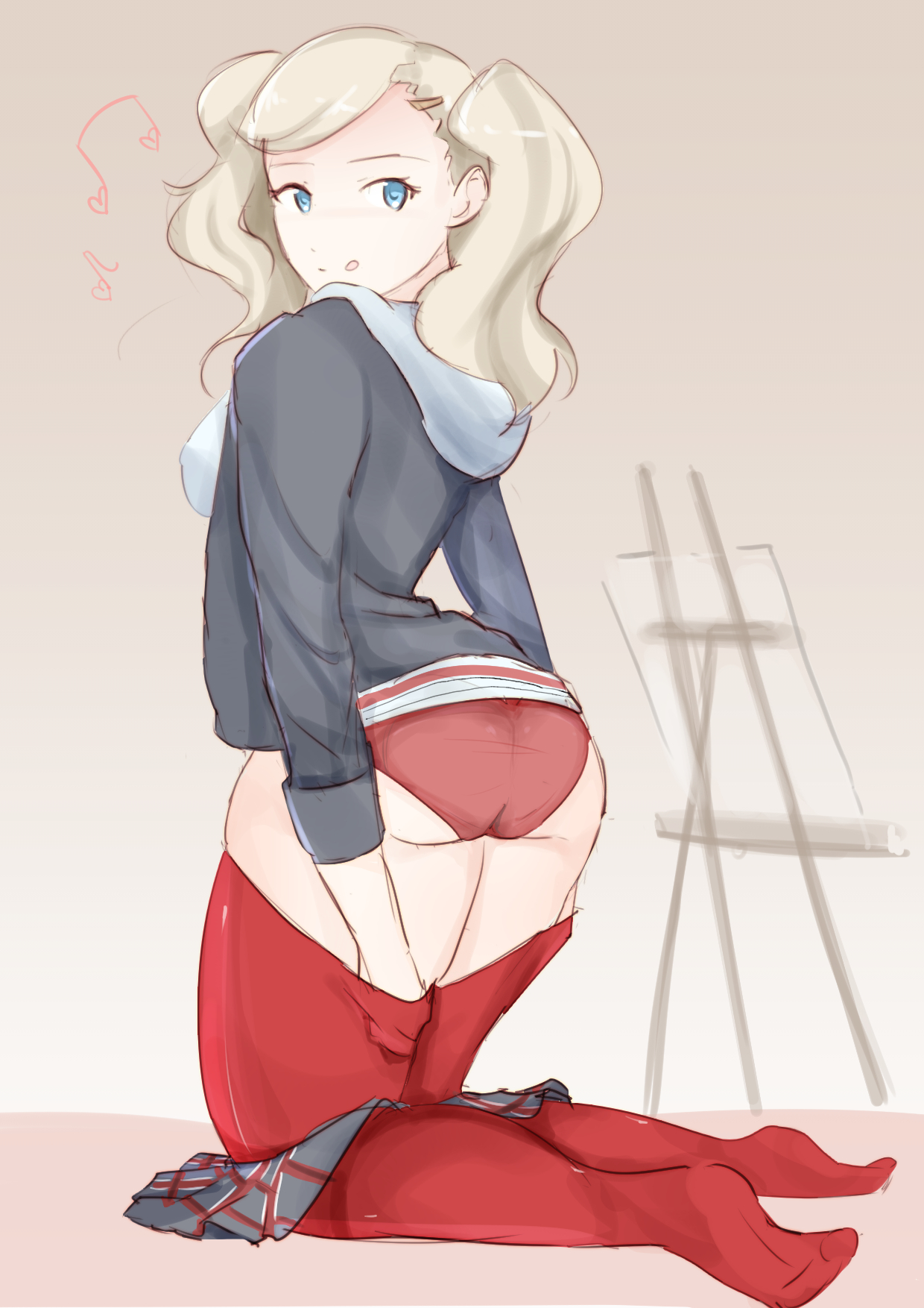 1girls, 9 9bird, ann takamaki, ass, big ass, blonde hair, blue eyes, clothing, easel, female, female only, flashing, kkyz13, legs together, long hair, no shoes, panties, pantyhose, persona, persona 5, plaid skirt, red legwear, red panties, school uniform, skirt around one leg, skirt down, skirt removed, tongue, tongue out, two-tone hair