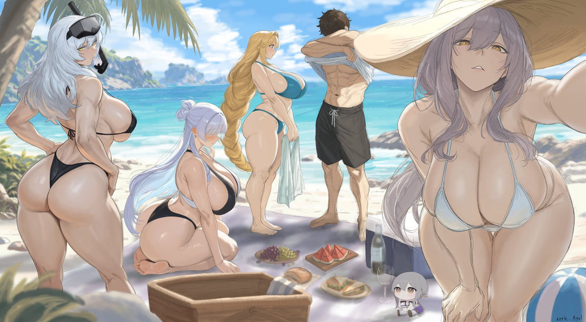 1boy, 1male, 2020s, 2026, 2d, 2d (artwork), 2d artwork, 4females, 4girls, abs, apple apel, artist name, beach, beach background, beach ball, beach towel, big ass, big breasts, bikini, bikini bottom, bikini top, blonde, blonde female, blonde hair, blonde hair female, blonde-haired female, closed eyes, color, commander (nikke), dat ass, earring, eyebrow through hair, eyebrows, eyebrows visible through hair, eyes, feet, feet out of frame, fingers, goddess of victory: nikke, long blonde hair, long hair, long white hair, muscular, muscular male, nayuta (nikke), no ai, not ai generated, not furry, pilgrim (nikke), rapunzel (nikke), scarlet (nikke), shift up, snorkel, snow white (nikke), swimsuit, water, watermark, watermelon, watermelon slice, white hair, white hair female, wine glass