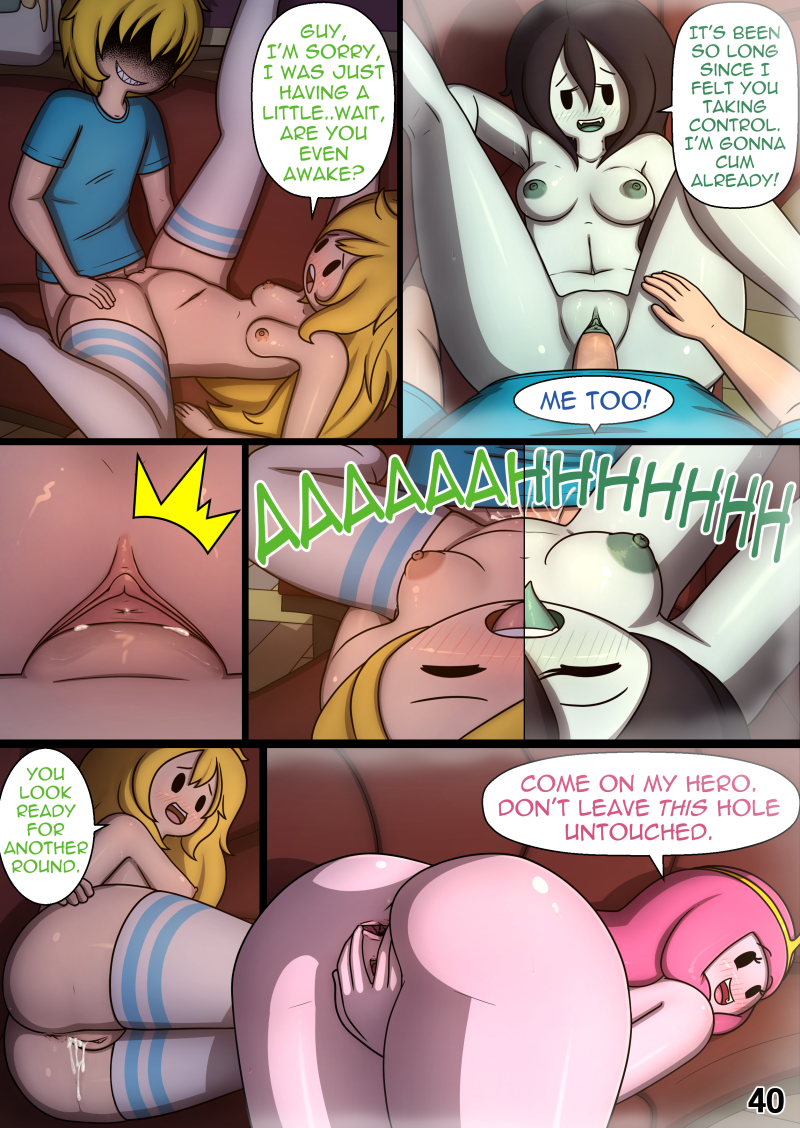 adventure_time anus areola ass blonde_hair bodily_fluids breasts cartoon_network clothing comic cubbychambers cum cum_in_pussy cum_inside dialogue digital_media_(artwork) english_text female finn_the_human fionna_the_human_girl genital_fluids grey_body grey_skin hair human human_on_human human_on_humanoid humanoid interspecies lying male mammal marceline marceline_abadeer nipples on_back pale_skin penetration presenting presenting_anus princess_bubblegum pussy selfcest shirt speech_bubble square_crossover straight t-shirt text topwear vaginal_penetration vampire