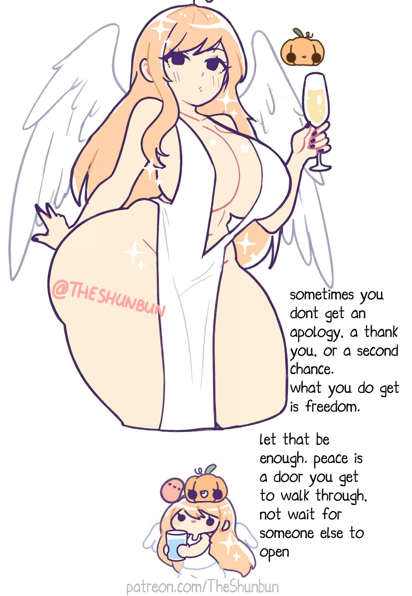 1girls, angel, angel girl, angel wings, big ass, big breasts, big butt, blonde hair, bubble butt, champagne, curvaceous, curvaceous figure, curvy, curvy figure, dat ass, dress, encouragement, encouraging viewer, fat ass, glass, hourglass figure, hourglass figured female, kawaii potato, large breasts, large butt, light-skinned female, motivational, pelvic curtain, pumpkin, revealing clothes, revealing dress, sexy dress, sideboob, solo female, sparkles, tagme, theshunbun, thick ass, thick legs, thick thighs, water, wholesome, wholesome end, wide hips, wine, wine glass, wings