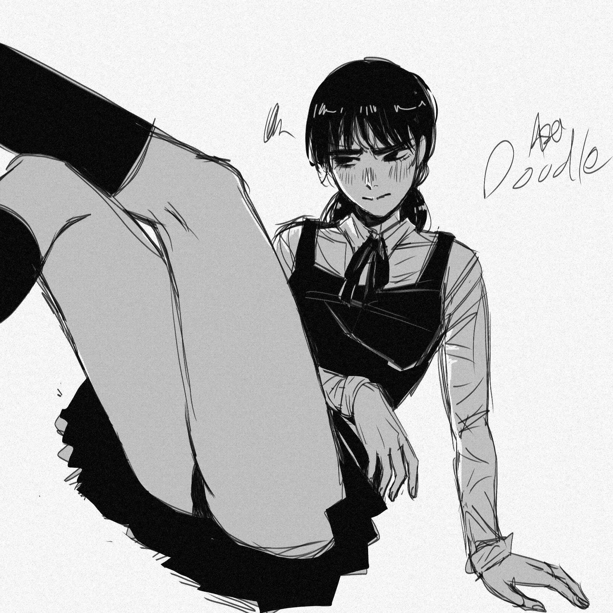 1girls, artist request, black hair, blush, chainsaw man, dark hair, female, female only, fourth east high school uniform, legs, mitaka asa, school uniform, schoolgirl, schoolgirl uniform, shounen jump, under skirt view