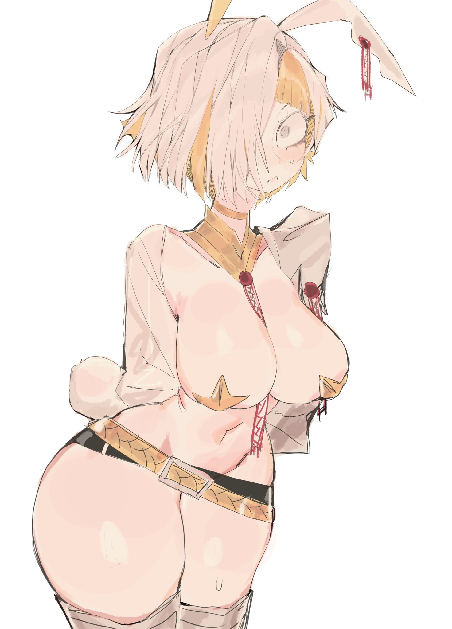1girl, 1girls, 2026, animal ears, arms behind back, belt, big breasts, blush, breasts, bunny ears, bunny tail, choker, cleavage, female, female focus, female only, hands behind back, kromer (limbus company), limbus company, looking at viewer, midriff, multicolored hair, navel, nipple covers, partially clothed, pasties, project moon, simple background, solo female, star pasties, stars, sweat, tail, thick thighs, thighhighs, thighs, two-tone hair, usa37107692, white background, white hair, yellow hair