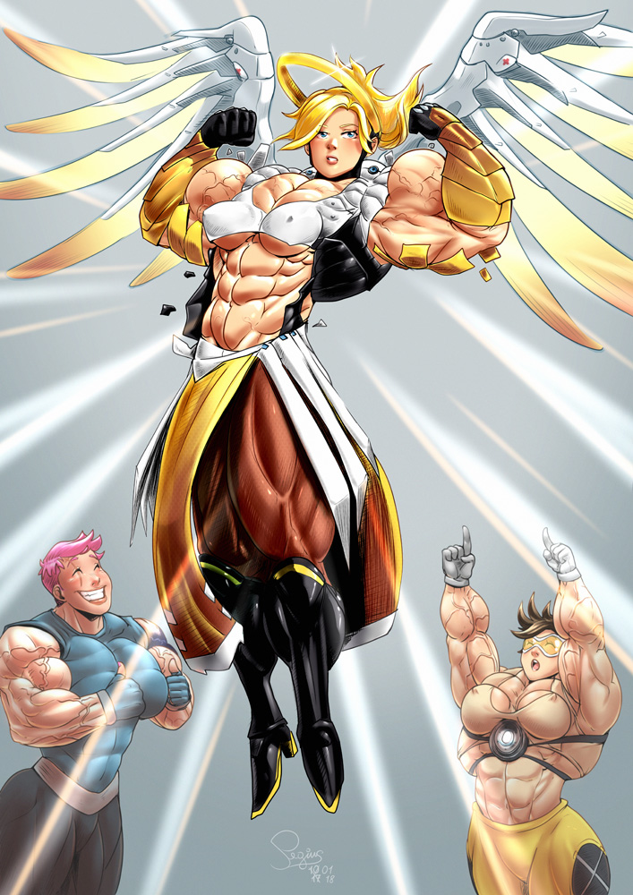 2d 3girls abs artist_name big_muscles blizzard_entertainment blonde_hair blue_eyes boots breasts brown_hair clothed extreme_muscles female female_only fingerless_gloves flexing flying gloves huge_muscles human mercy muscular_female overwatch pegius purple_hair ripped_clothing smile solo_focus thick_thighs thumbs_up thunder_thighs tracer trio veiny_muscles wide_smile zarya