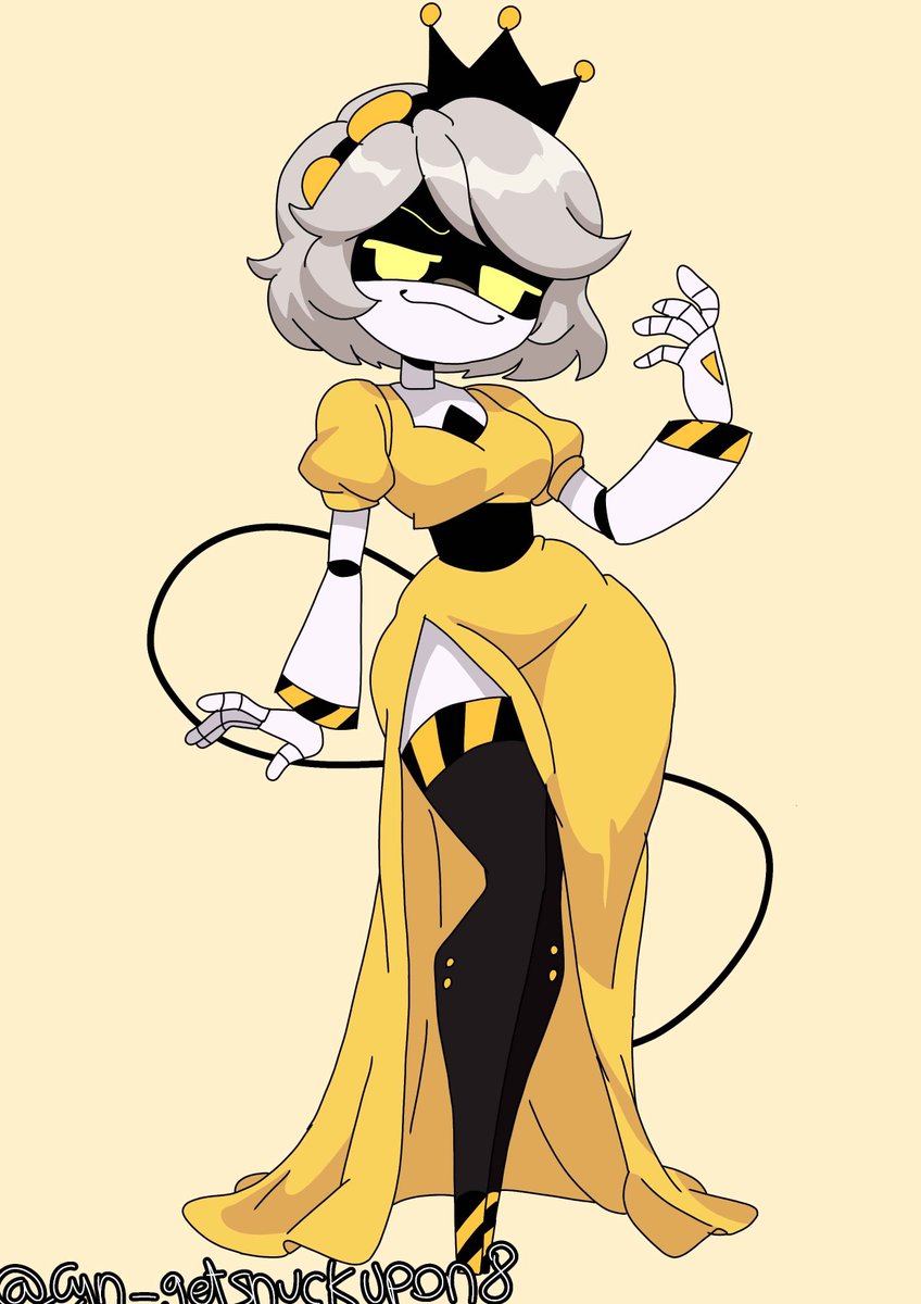 1girls, crown, dress, female, female focus, female only, grey hair, murder drones, robot girl, robot humanoid, smug grin, solo, solo female, solo focus, thick thighs, thighs, v (murder drones), yellow dress, yellow eyes