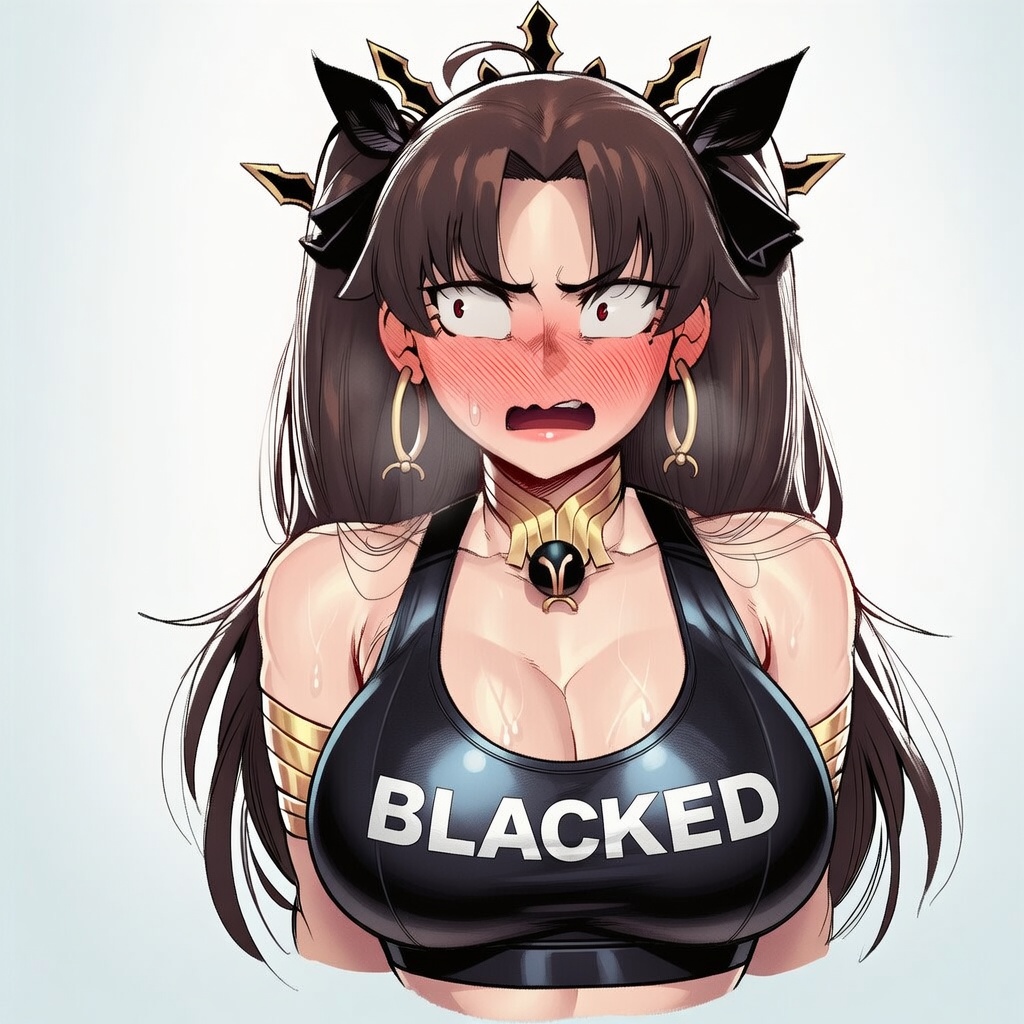 ai generated, arm bracelets, blacked, blacked clothing, blushing, cleavage, crop top, earrings, fate (series), fate/grand order, hair ornament, ishtar (fate), ishtar (fate/grand order), large breasts, mole under eye, thelastvinky, twintails, twintails (hairstyle)