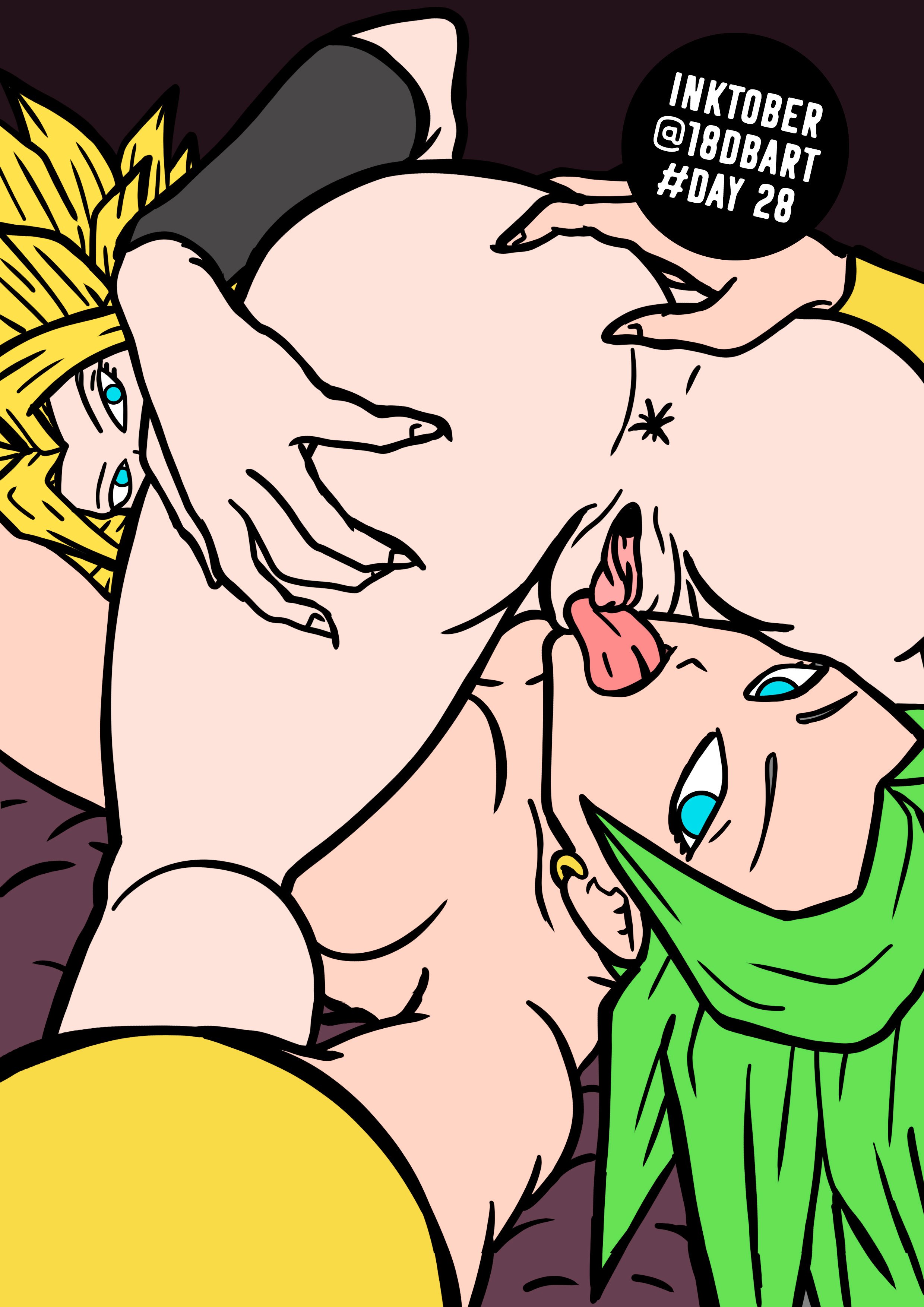 2019, 2girls, 69, ass, ass grab, asshole, blonde hair, blue eyes, breasts, caulifla, cunnilingus, dbart+18, dragon ball, dragon ball super, earrings, female, female only, female/female, green hair, inktober, jewelry, kale, kale (berserker), laying back, laying on bed, legendary super saiyan, licking pussy, multiple females, multiple girls, pussy, saiyan, self ass grab, spiky hair, super saiyan, super saiyan 2, tongue, vagina, vaginal, yuri
