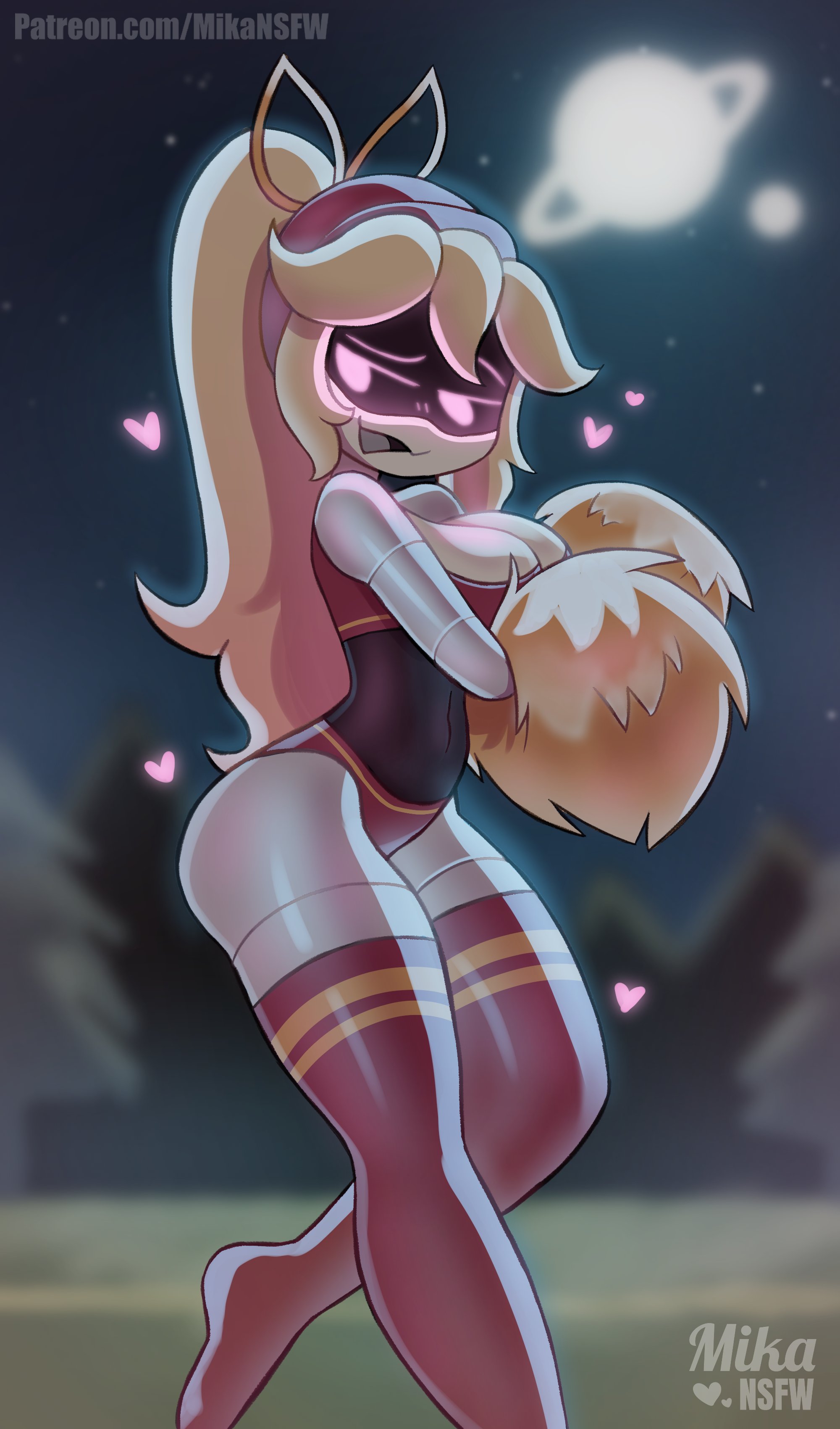 1girls, artist name, artist signature, big breasts, blonde hair, breasts, cheerleader, cheerleader uniform, clothing, female, female focus, female only, glitch productions, hearts, lizzy (murder drones), long hair, mikansfw, murder drones, night, outside, pink hair, ponytail, robot, robot girl, robot humanoid, skimpy clothes, solo, solo female, thick ass, thick thighs, thighhighs, thighs