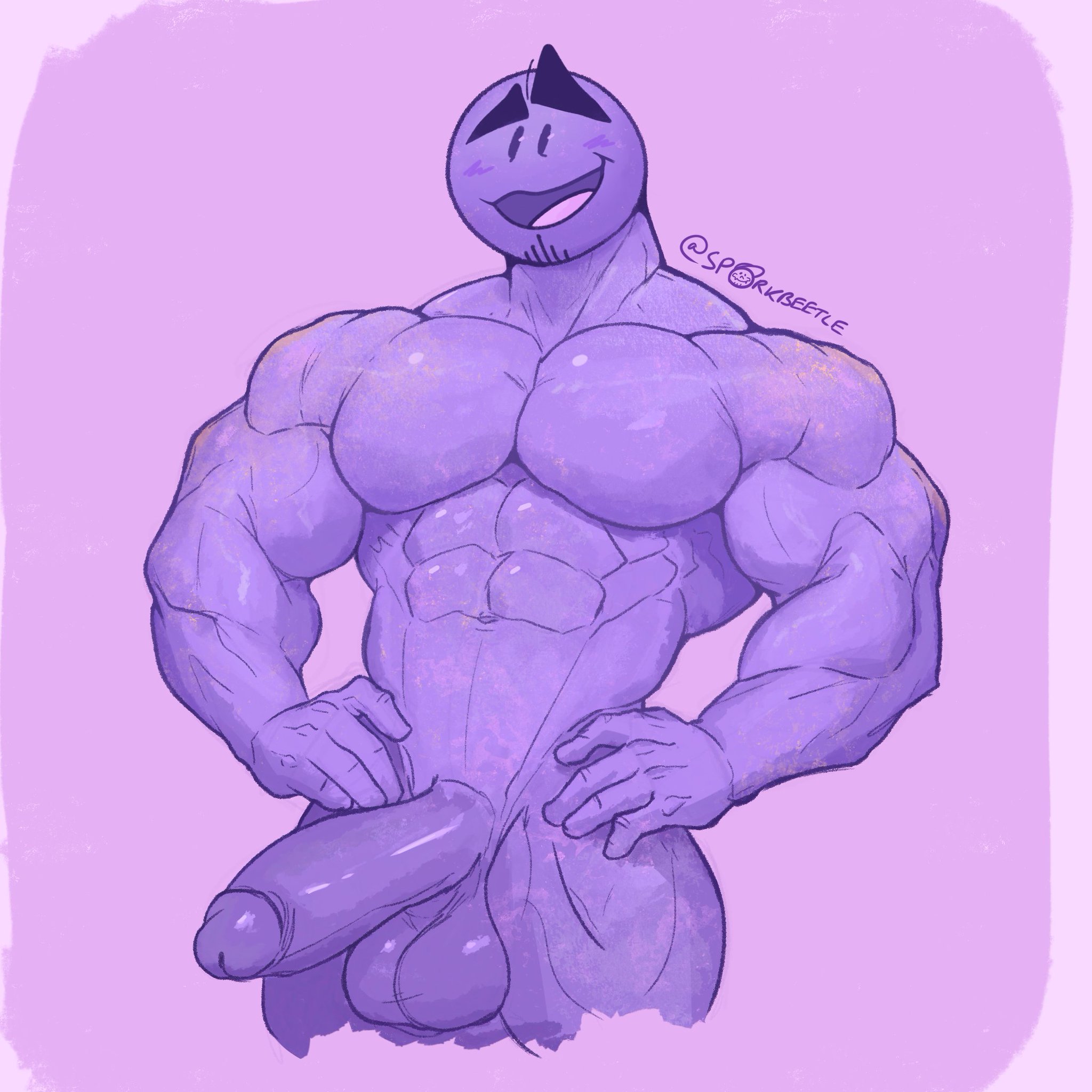 5 fingers, artist request, artist signature, big penis, blush, erect penis, facial hair, male, male only, muscular male, original character, pexs, purple body, round head, simple background, smile, tagme, thick eyebrows, verity (thatmob)