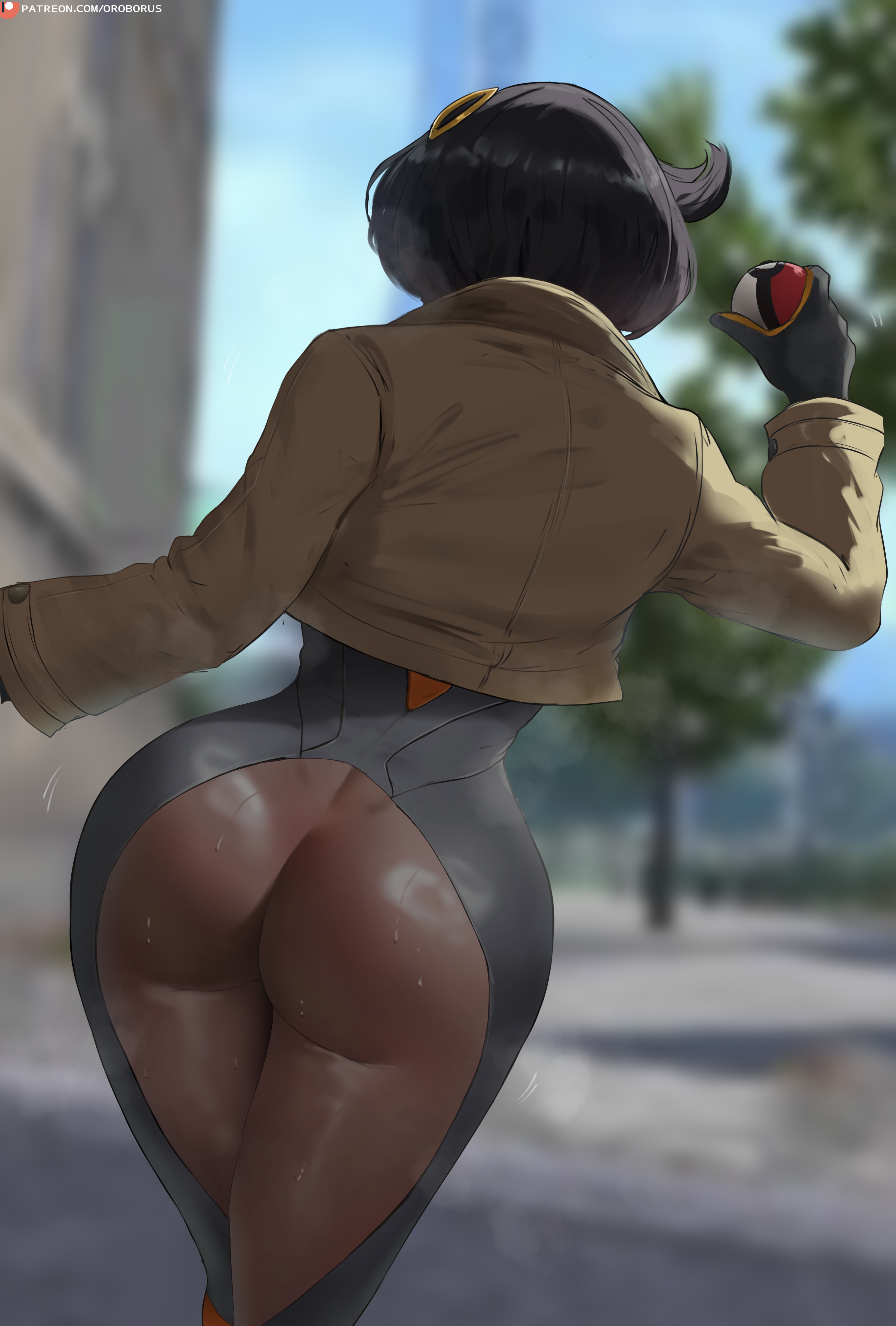 1girls, 2026, ahoge, ass, ass exposed, ass focus, back, back view, bent over, big ass, black bodysuit, black hair, blue sky, blurry, blurry background, blush, bodysuit, bodysuit under clothes, breasts, brown coat, brown jacket, bubble ass, bubble butt, clothing, coat, commentary, cropped jacket, dark skin, dark-skinned female, emma (pokemon legends: z-a), emma (pokemon), female, female focus, from behind, game freak, gloves, grey bodysuit, hair, hair ornament, highres, holding, holding poke ball, huge ass, jacket, latex, latex bodysuit, looking back, lumiose city, matiere (pokemon legends: z-a), matiere (pokemon), multicolored gloves, nintendo, oroborus, oroborusart, outdoors, patreon logo, patreon username, poke ball, poke ball (basic), pokeball, pokemon, pokemon legends: z-a, purple eyes, pussy, pussy visible through clothes, savagexthicc, short hair, sky, solo, solo focus, steam, steaming body, thick thighs, thighs, tight clothes, tight clothing, tree, two-tone gloves, unseen female face