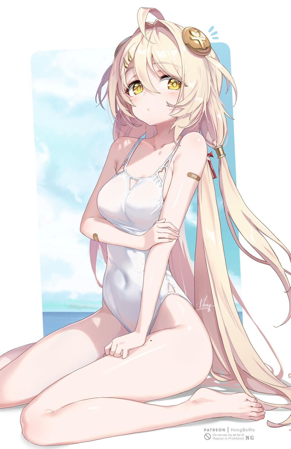1girls, artist request, bare shoulders, belly button, belly button visible through clothing, blonde, blonde female, blonde hair, feet, female, female only, hoyoverse, light skin, light-skinned female, mihoyo, mole, mole on thigh, one-piece swimsuit, petite, phoenix reffaella, swimsuit, swimwear, thighs, zenless zone zero