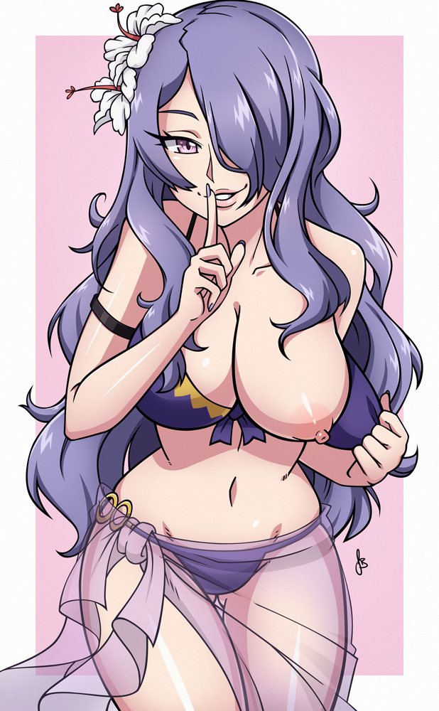bikini, breasts, camilla (fire emblem), cleavage, female, fire emblem, fire emblem fates, fire emblem heroes, hand on breasts, huge breasts, naughty face, purple eyes, purple hair, teasing