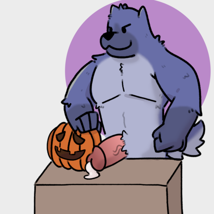 1:1 2019 anthro black_nose bodily_fluids canid canine canis cottongryph cum domestic_dog erection food fruit fur genital_fluids humanoid_penis jack-o'-lantern looking_at_viewer male male_only mammal muscular muscular_male nude pecs penis plant pumpkin simple_background smile solo wolf