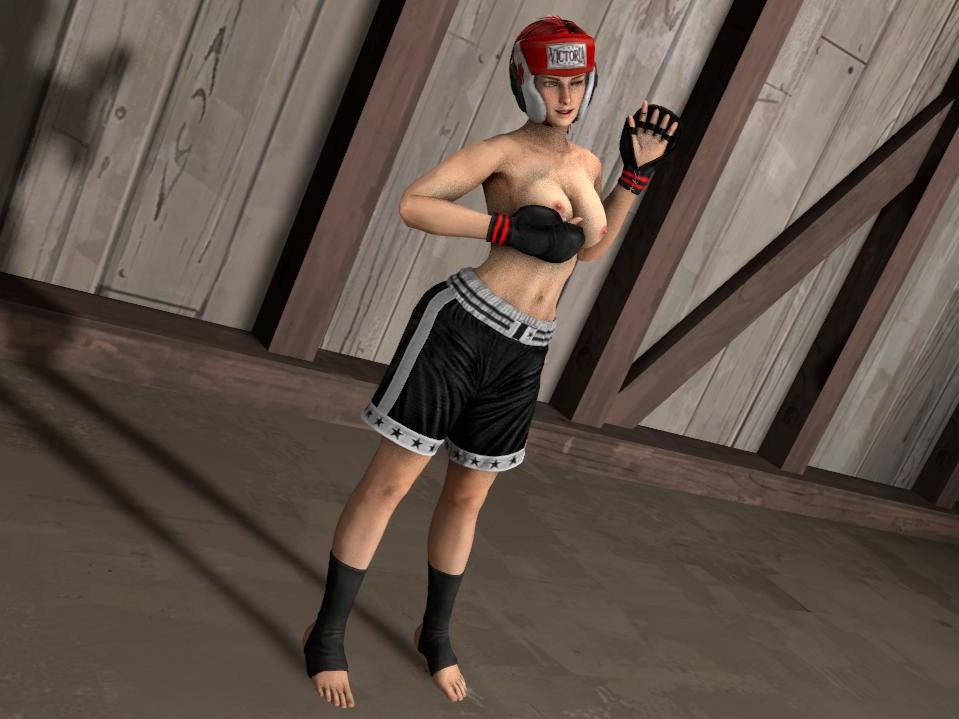 1girls 3d areolae artist_request boxing_gloves boxing_headgear breasts dead_or_alive dead_or_alive_5 feet female female_only front_view gesture gloves headgear holding_breast human large_breasts mila_(doa) nipples one_eye_closed shorts smile solo standing stirrup_socks toes tomboy topless waving wink