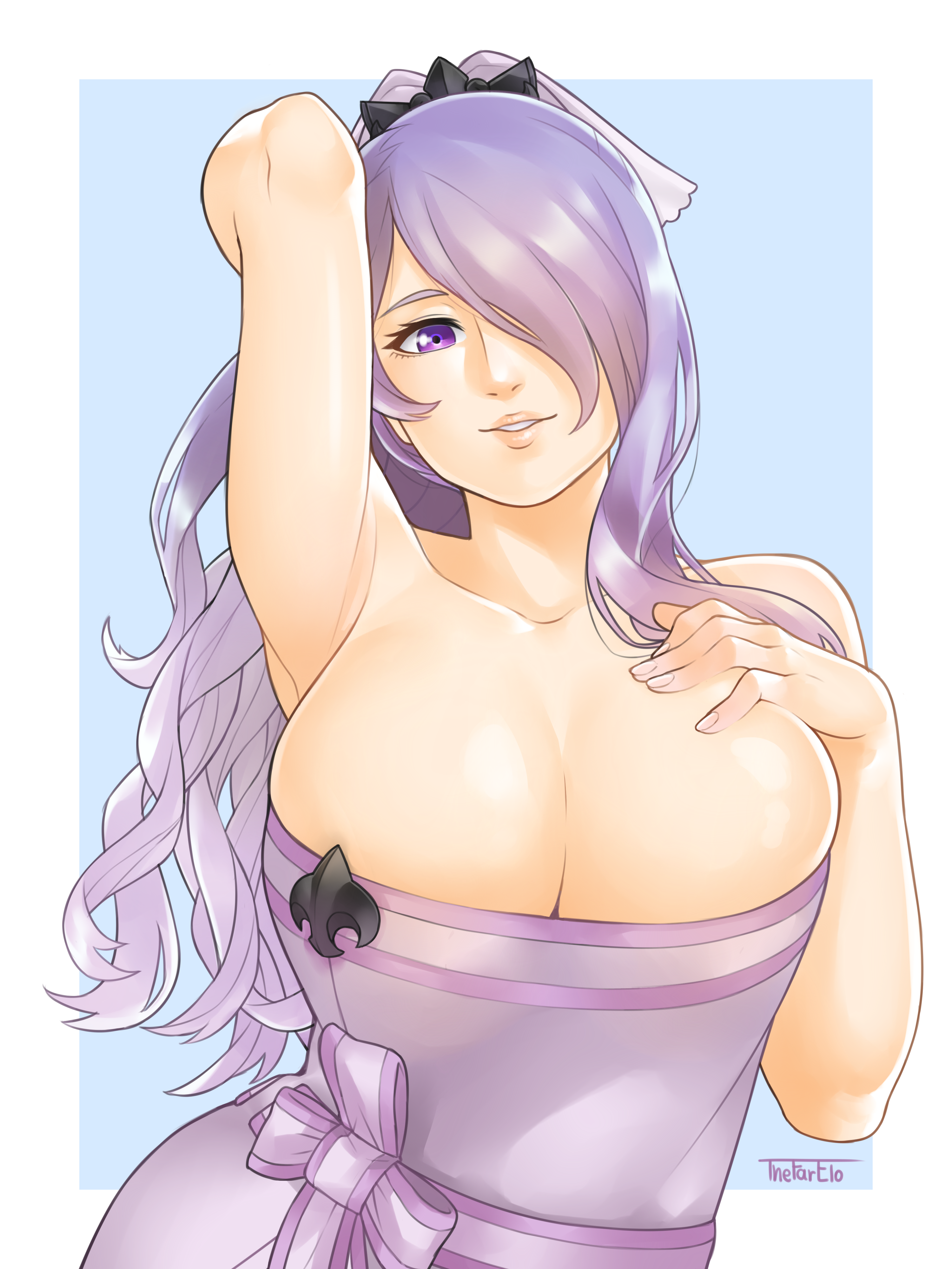 breasts, camilla (fire emblem), cleavage, female, fire emblem, fire emblem fates, fire emblem heroes, hand on breasts, huge breasts, purple eyes, purple hair, simple background, tnefareio, towel
