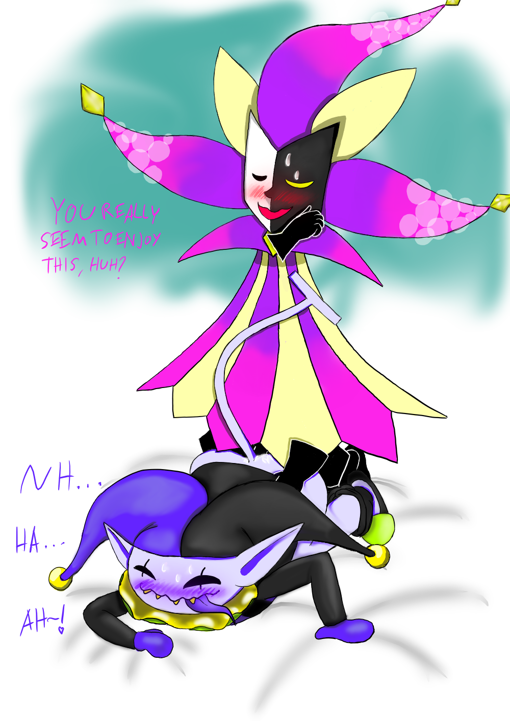 blush bodily_fluids clothed clothing crossover darkner deltarune dialogue dimentio english_text hat headgear headwear hi_res humanoid humanoid_pointy_ears imp jester jevil_(deltarune) male male/male male_only mario_(series) nintendo paper_mario penetration raggens sex sharp_teeth smile super_paper_mario teeth text tongue tongue_out undertale_(series) video_games