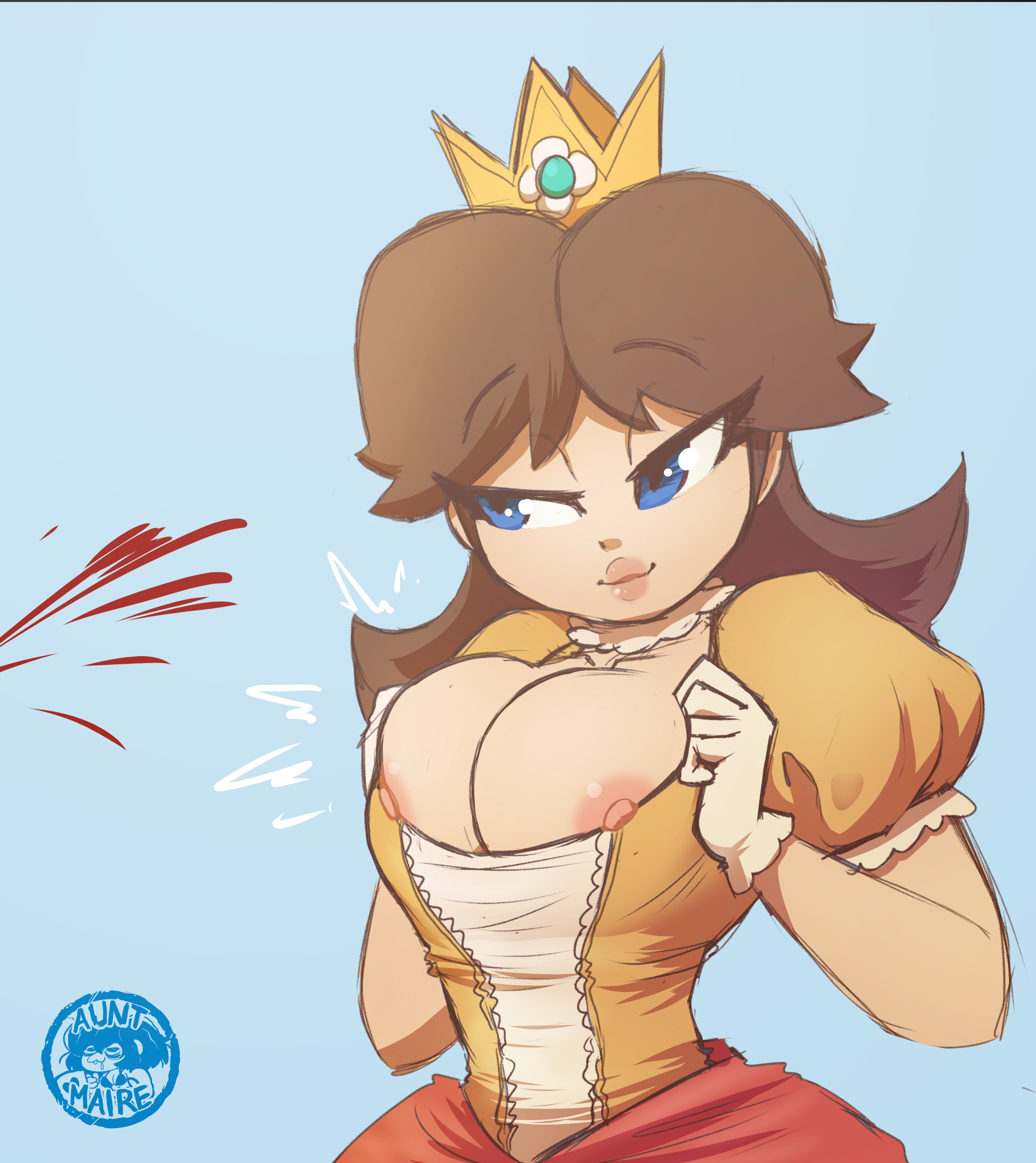 1girls, areolae, big breasts, blood, blue background, blue eyes, breasts, brown hair, cleavage, clothing, crown, dress, female, female only, flashing, flashing breasts, gloves, hair, half-closed eyes, inkershike, large breasts, lips, looking at another, mario (series), nintendo, nipple slip, nipples, nosebleed, offscreen character, princess, princess daisy, seductive, simple background, solo, standing, teasing, tight clothing, topless, video games, watermark