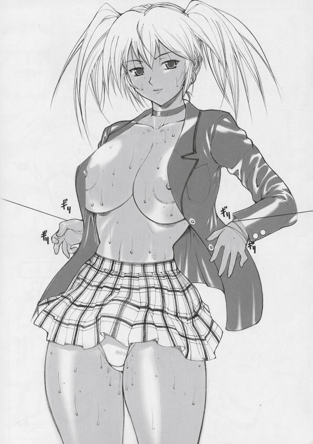 choker highres ikkitousen jacket kinokoallstars monochrome nipples open_clothes open_jacket panties ryofu_housen skirt sweat tied_hair twintails underwear