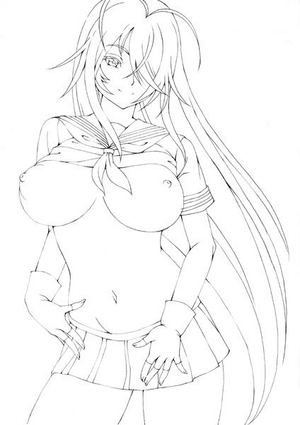 breasts fingerless_gloves gloves hair_over_one_eyes huge_breasts ikkitousen kan'u_unchou kanu_unchou kasanui long_hair monochrome nipples shirt_lift skirt smile very_long_hair