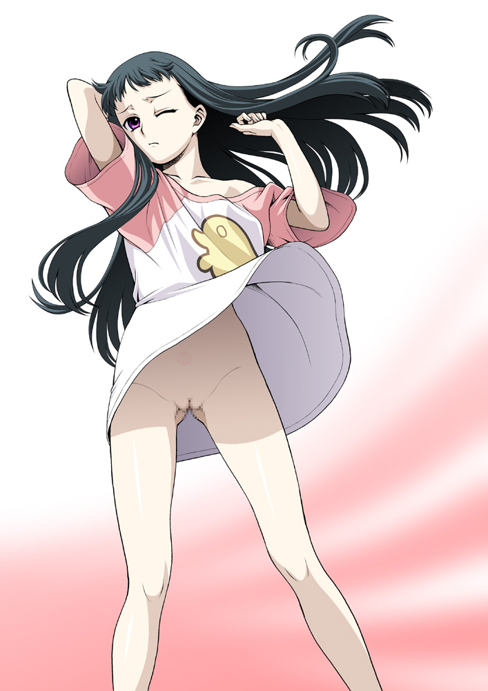 ar_tonelico ar_tonelico_2 ar_tonelico_ii black_hair bottomless censored clothing gust install_port jakuri kouda_tomohiro long_hair no_panties pink_eyes raglan_sleeves solo wind_lift